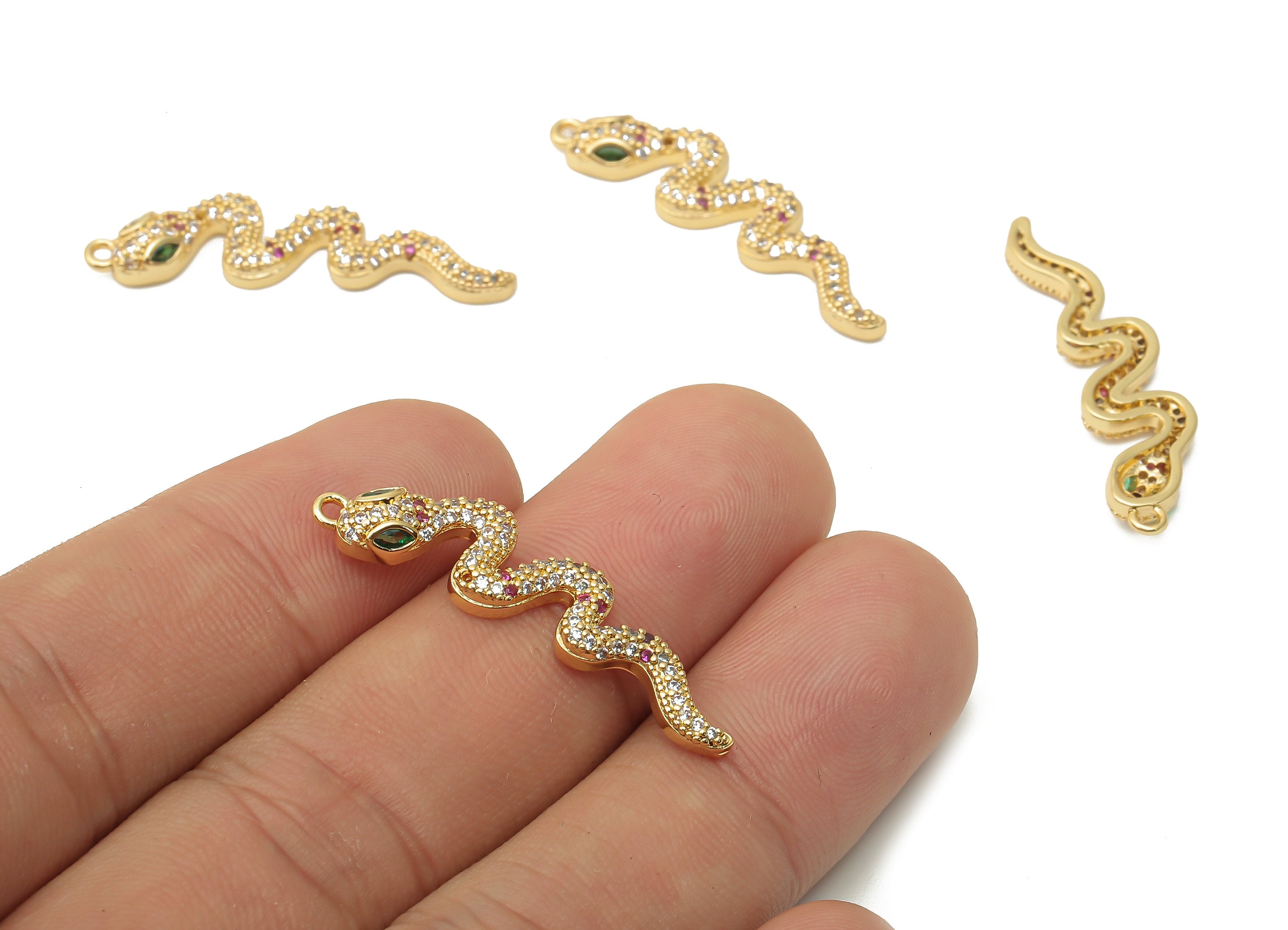 Brass Snake Earring with Zircons - Brass Green Eye Snake Charm - Brass Snake Pendant - 18K Real Gold Plated -33.34x8.27x3.16mm - RGP4922 - DOMEDBAZAAR