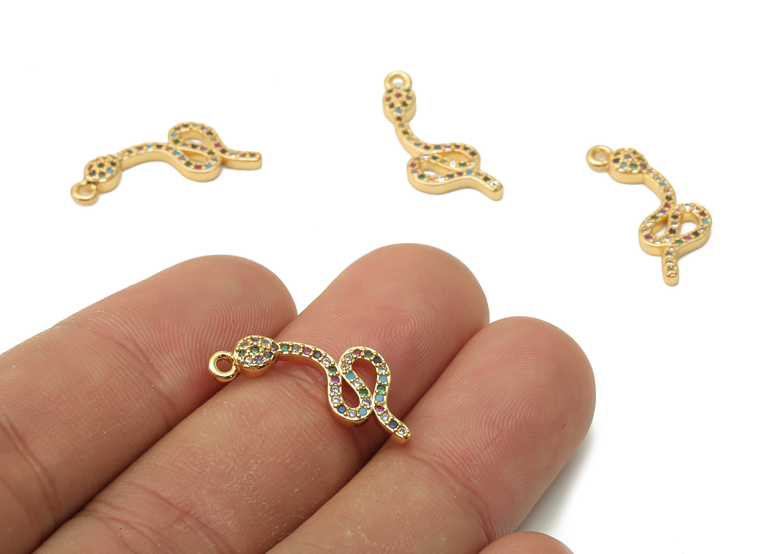 Brass Snake Earring Charm - Brass Rainbow Snake Pendant with Zircons - Snake Necklace - 18K Real Gold Plated - 22.19x8.82x2.36mm - RGP4923 - DOMEDBAZAAR