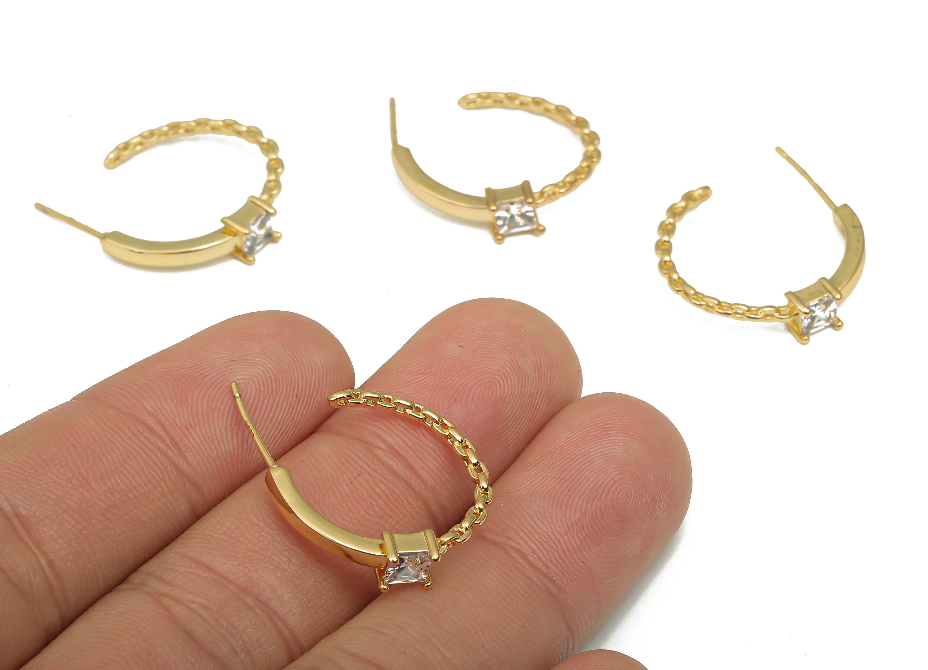 Gold Solitaire Hoop Earring - Brass Open Hoop Earring With Zircon - 18K Real Gold Plated Brass Stud - Cable Chain - 21.6x19.6x4.9mm- RGP4551 - DOMEDBAZAAR