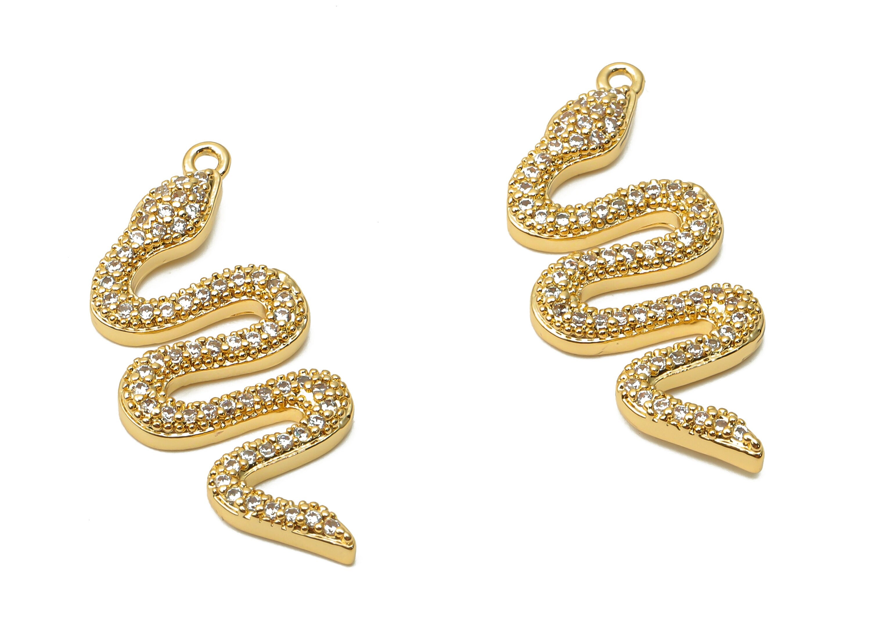 Brass Snake Earring Charms - Brass Snake Pendant with Zircons - Brass Snake Necklace - 18K Real Gold Plated - 23.28x8.02x2.14mm - RGP4924 - DOMEDBAZAAR