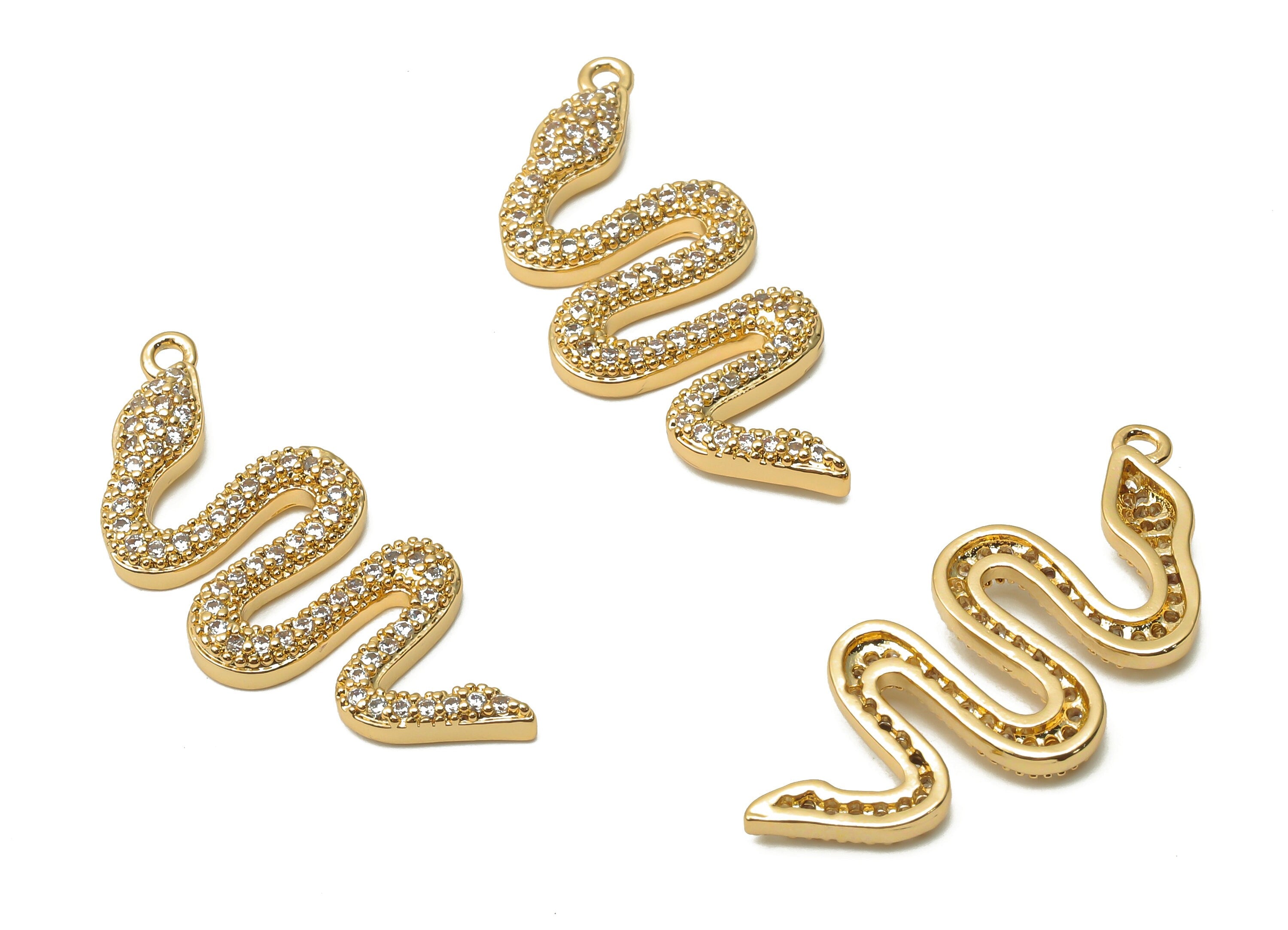 Brass Snake Earring Charms - Brass Snake Pendant with Zircons - Brass Snake Necklace - 18K Real Gold Plated - 23.28x8.02x2.14mm - RGP4924 - DOMEDBAZAAR
