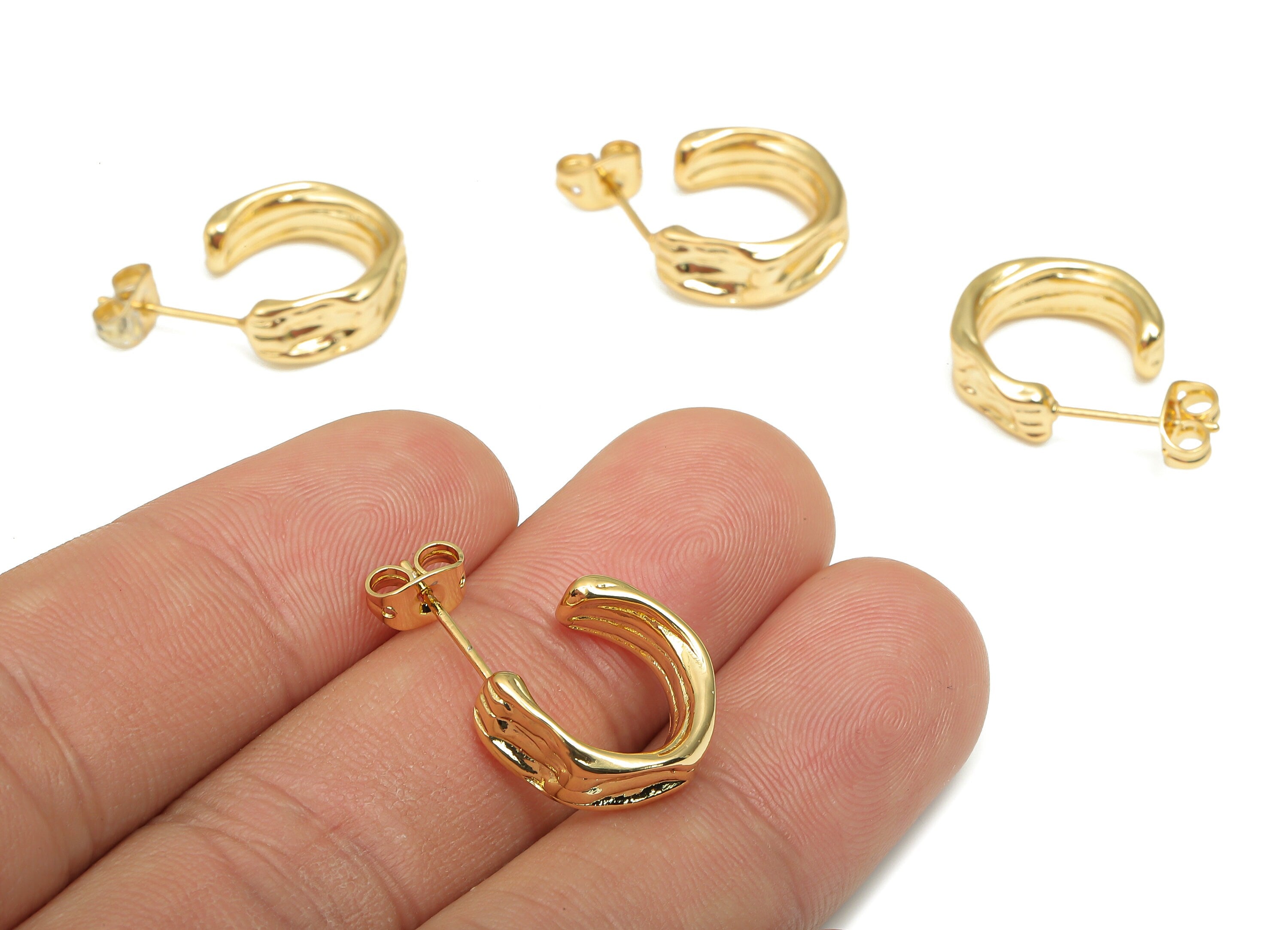 Brass Hoop Earring - Textured Hexagon Stud - 18K Real Gold Plated Brass - Imitation Silver Stud - Earring Post - 14.8x13.8x1.9mm - RGP4553 - DOMEDBAZAAR