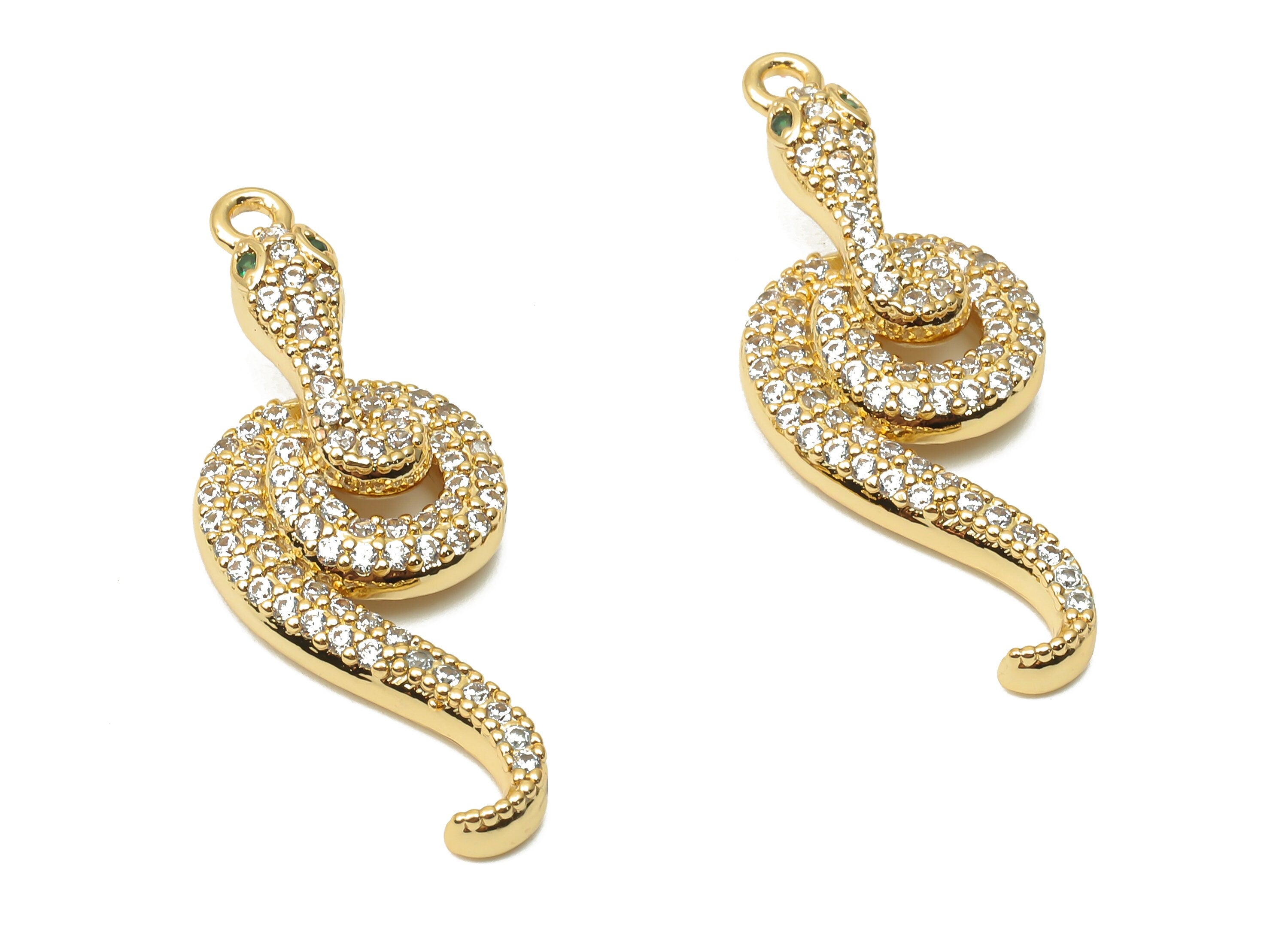 Brass Snake Earrings with Zircons - Brass Green Eye Snake Charm For Necklace - 18K Real Gold Plated Pendant - 33.67x13.03x3.13mm - RGP4928 - DOMEDBAZAAR