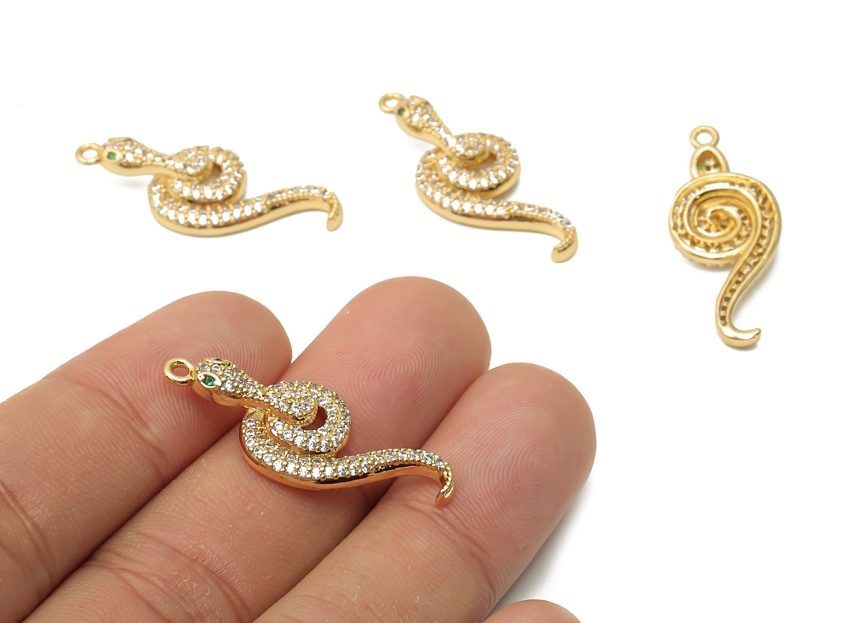 Brass Snake Earrings with Zircons - Brass Green Eye Snake Charm For Necklace - 18K Real Gold Plated Pendant - 33.67x13.03x3.13mm - RGP4928 - DOMEDBAZAAR