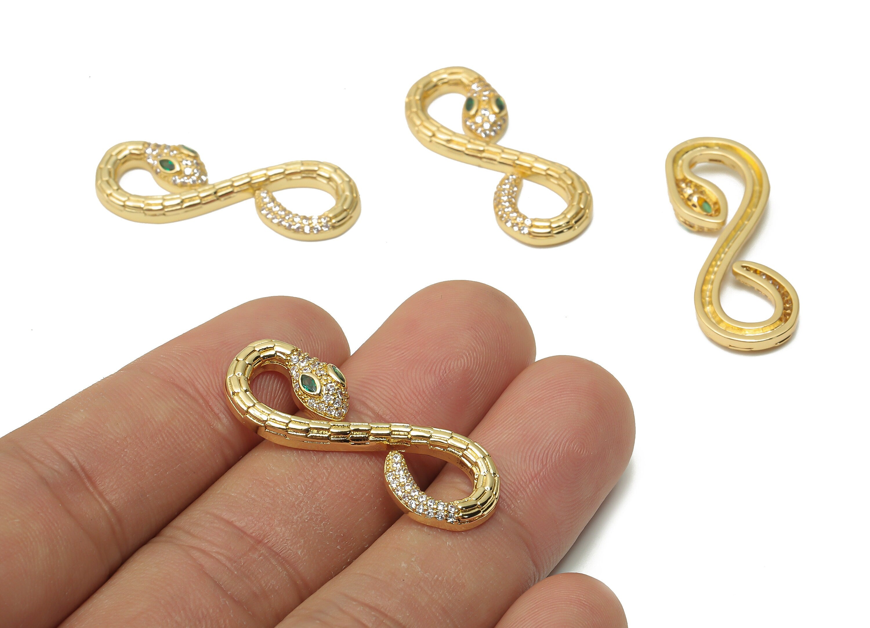 Brass Infinity Snake with Zircons - Brass Textured Green Eye Snake Earring - Snake Pendant - 18K Real Gold Plated -34x12.34x3.66mm - RGP4929 - DOMEDBAZAAR