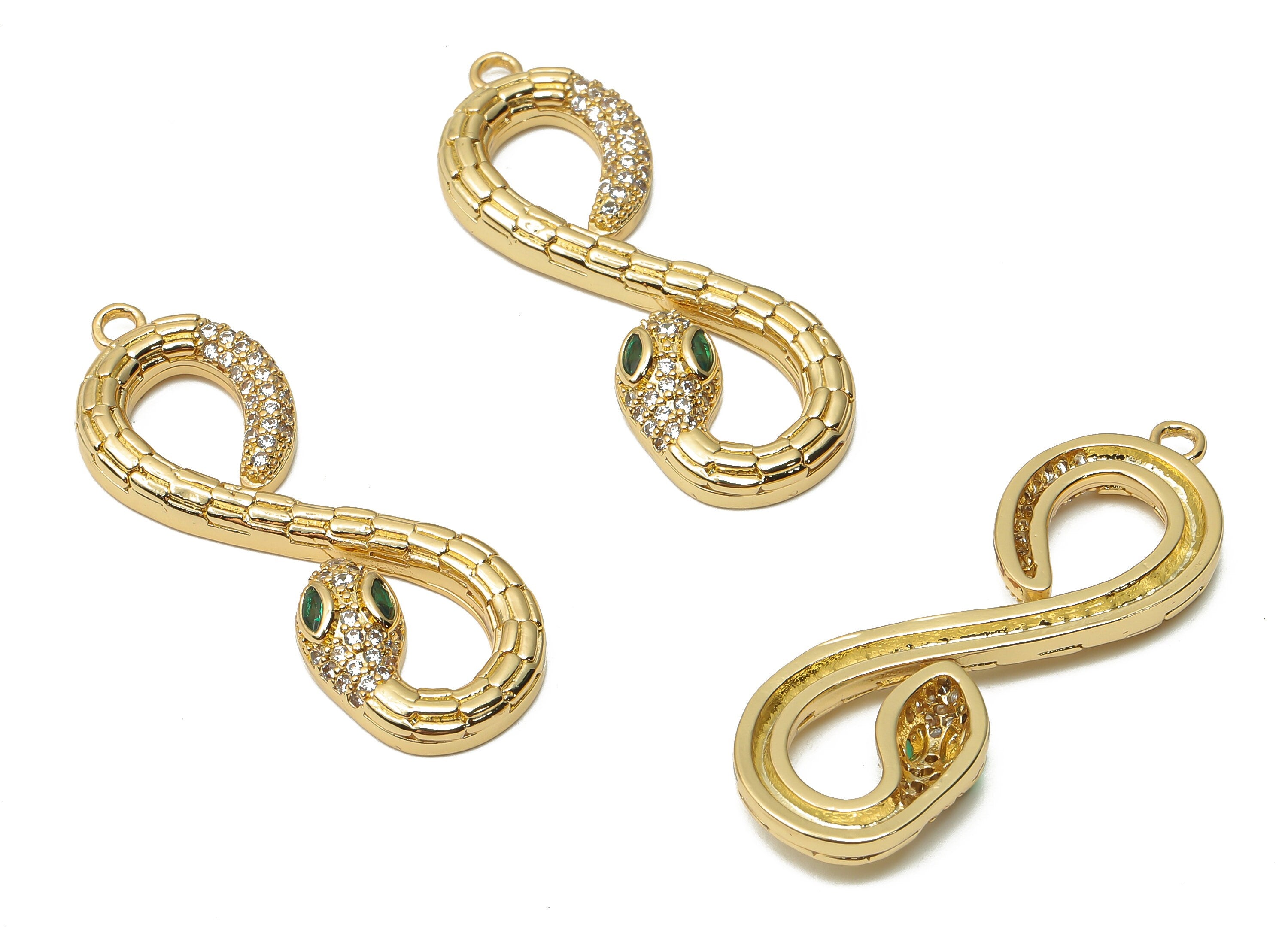 Brass Infinity Snake with Zircons - Brass Textured Green Eye Snake Earrings With Loop - 18K Real Gold Plated -36.55x12.38x2.78mm - RGP4930 - DOMEDBAZAAR