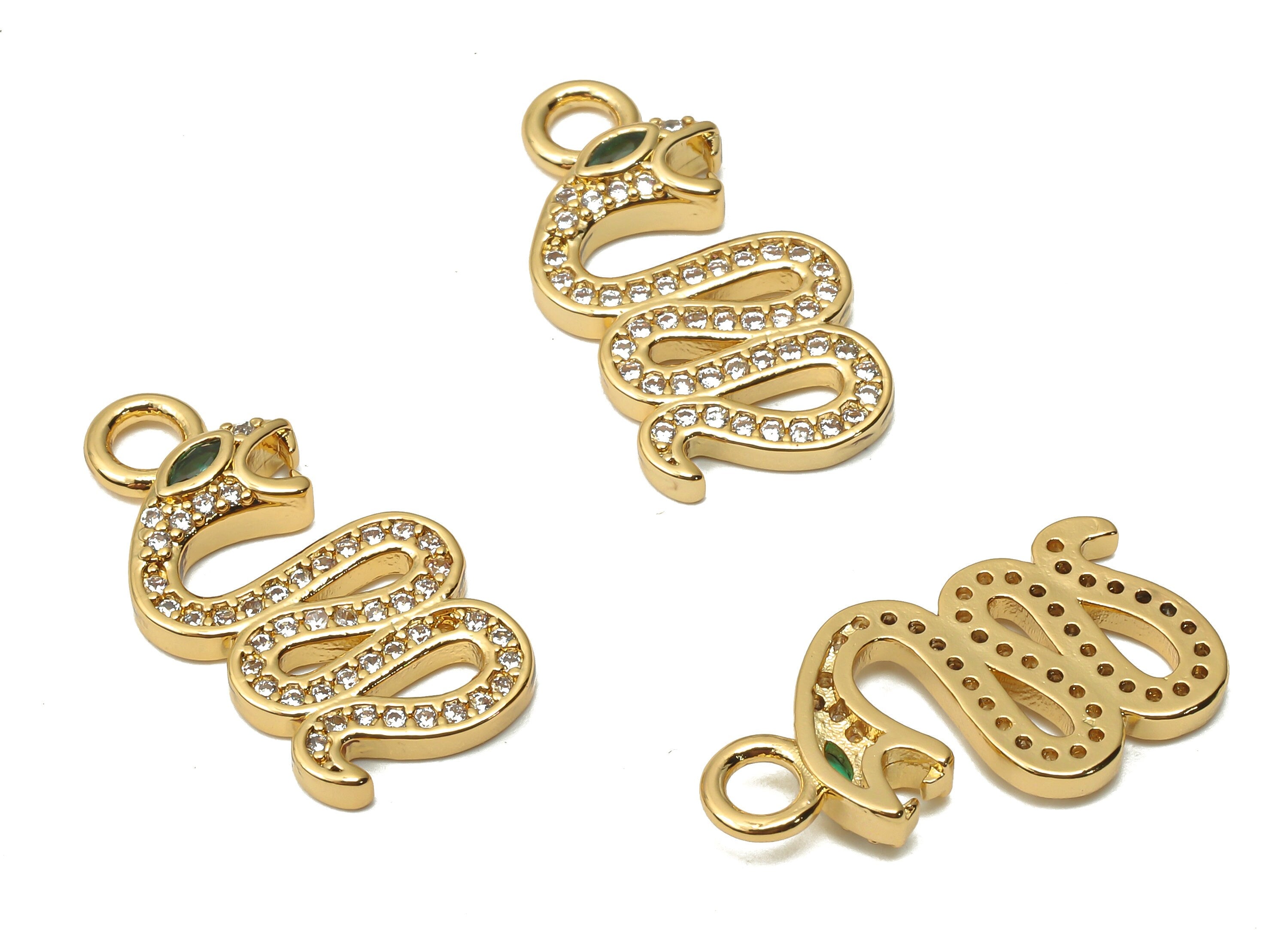 Brass Snake Earrings with Zircons - Gold plated Snake Necklace - Brass Pendant - 18K Real Gold Plated -21.78x11.16x2.82mm - RGP4932 - DOMEDBAZAAR