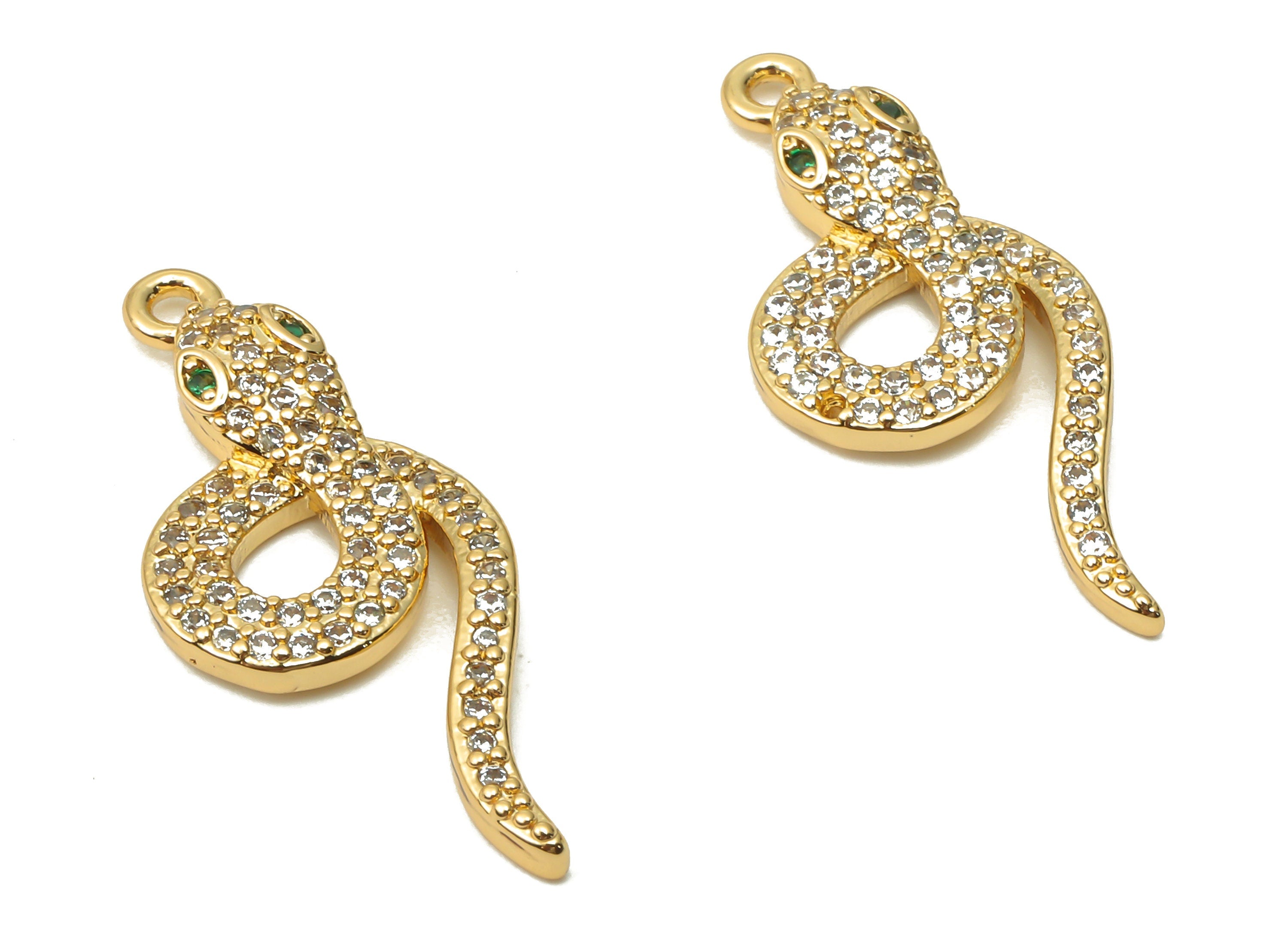 Brass Snake Earring Charms - Brass Snake Pendant with Zircons - Brass Snake For Necklace - 18K Real Gold Plated-27.42x11.4x3mm - RGP4934 - DOMEDBAZAAR