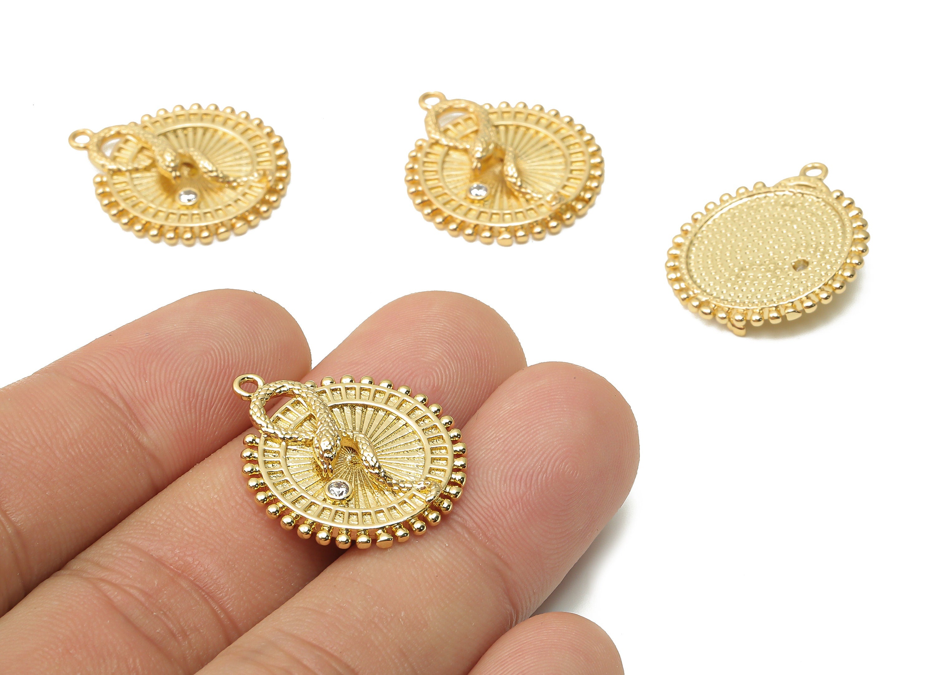 Brass Round Snake On Disc Earring with Zircon - Brass Snake Forked Tongue - Snake Tongue - 18K Real Gold Plated - 25.23x21.86x4.72mm-RGP4939 - DOMEDBAZAAR