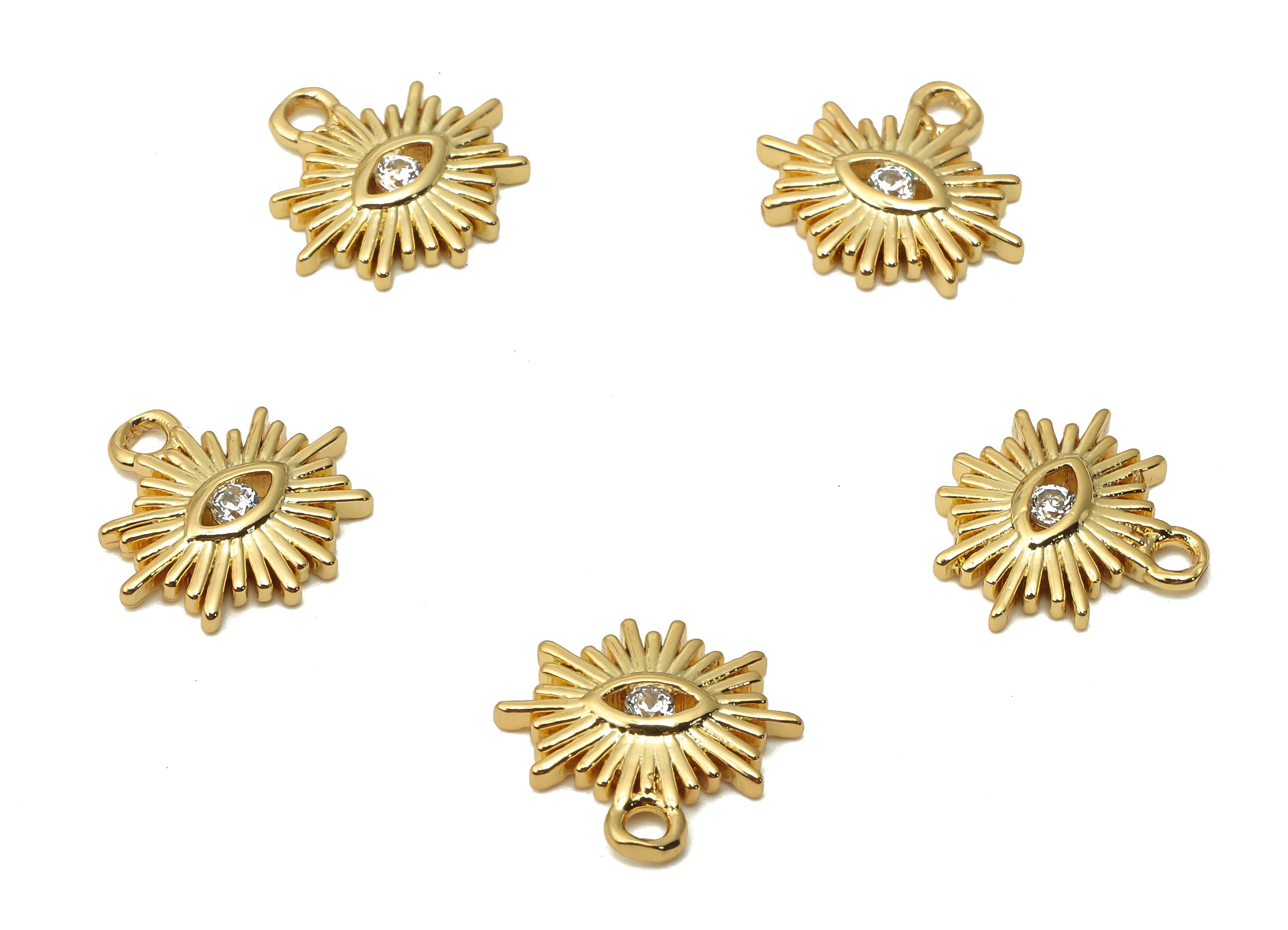 rass Mini Sun Eye Earring Charms With Zircon - Brass Eye Pendant - Mini Sun For Bracelet - 18K Real Gold Plated -12.03x11.39x1.8mm - RGP4944 - DOMEDBAZAAR