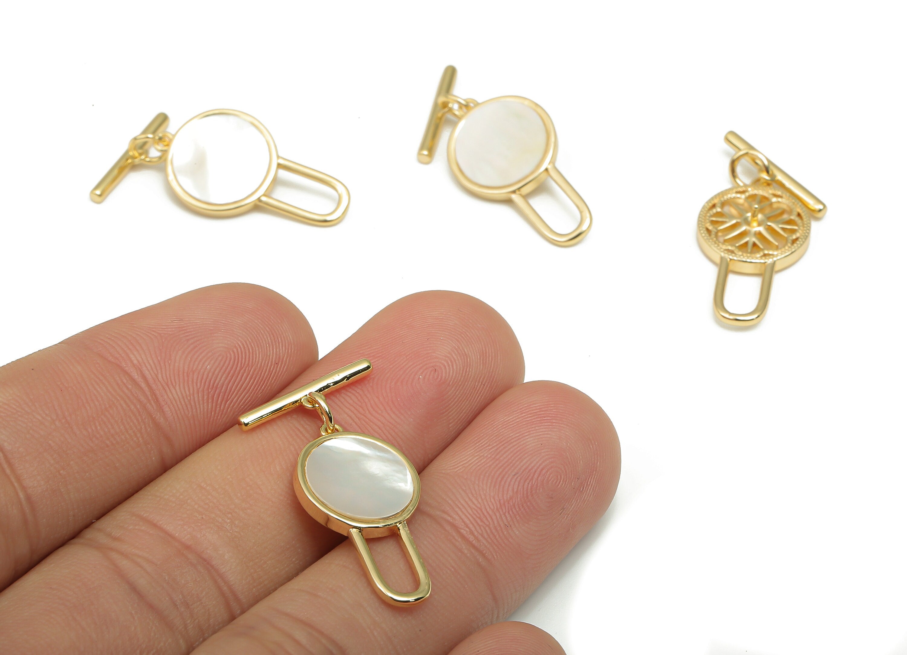 Brass Toggle Clasp - Round Shell Bracelet Toggle Clasp - Circle Toggle Necklace - 18K Real Gold Plated Brass - 29.19x15.87x2.25mm - RGP4572 - DOMEDBAZAAR