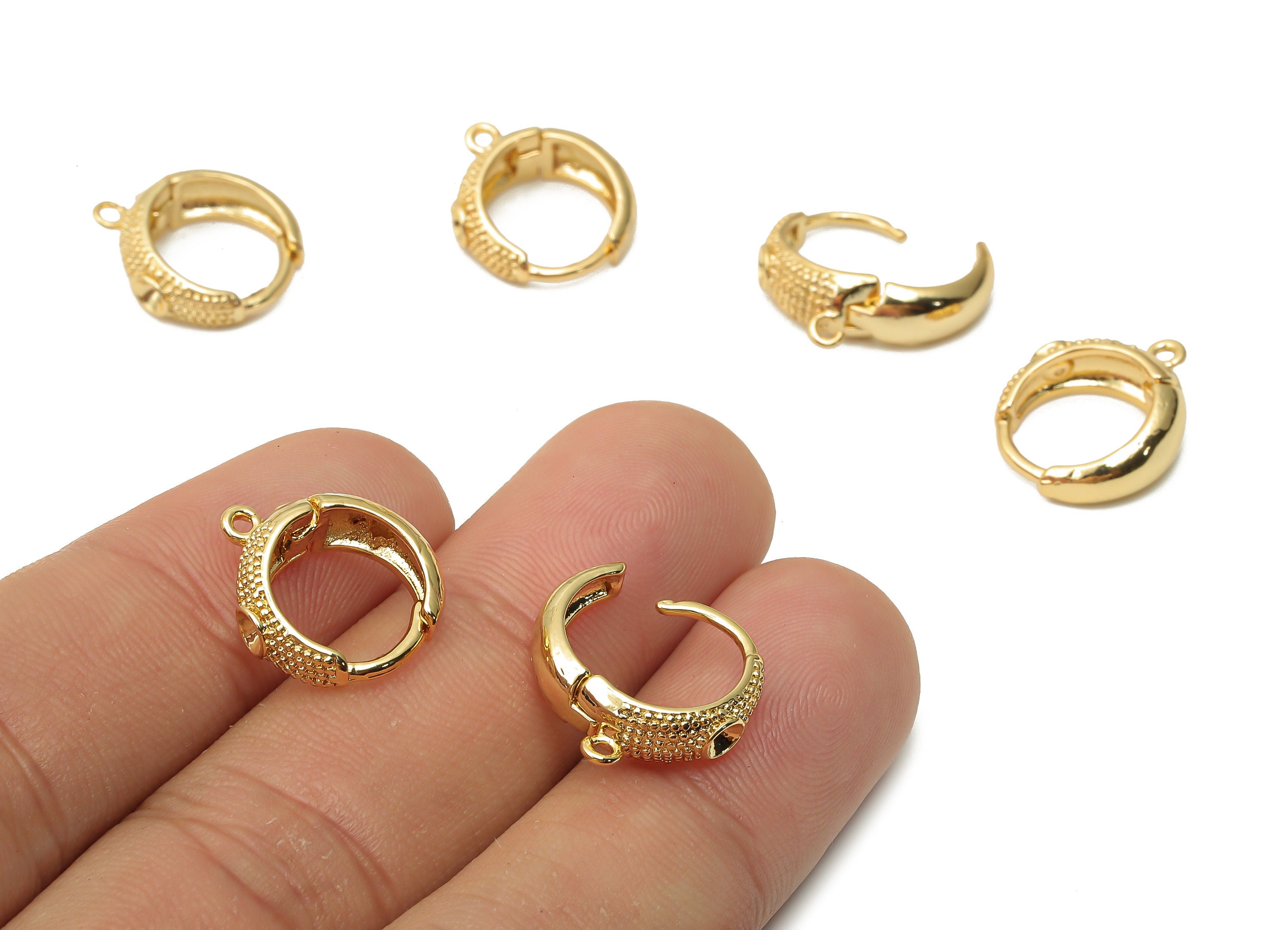 Brass Circle Textured Earring Clasps - Brass Dotted Clasps - Thick Huggie Hoop With loop - 18K Real Gold Plated - 16.23x10.04x1.94mm-RGP4955 - DOMEDBAZAAR