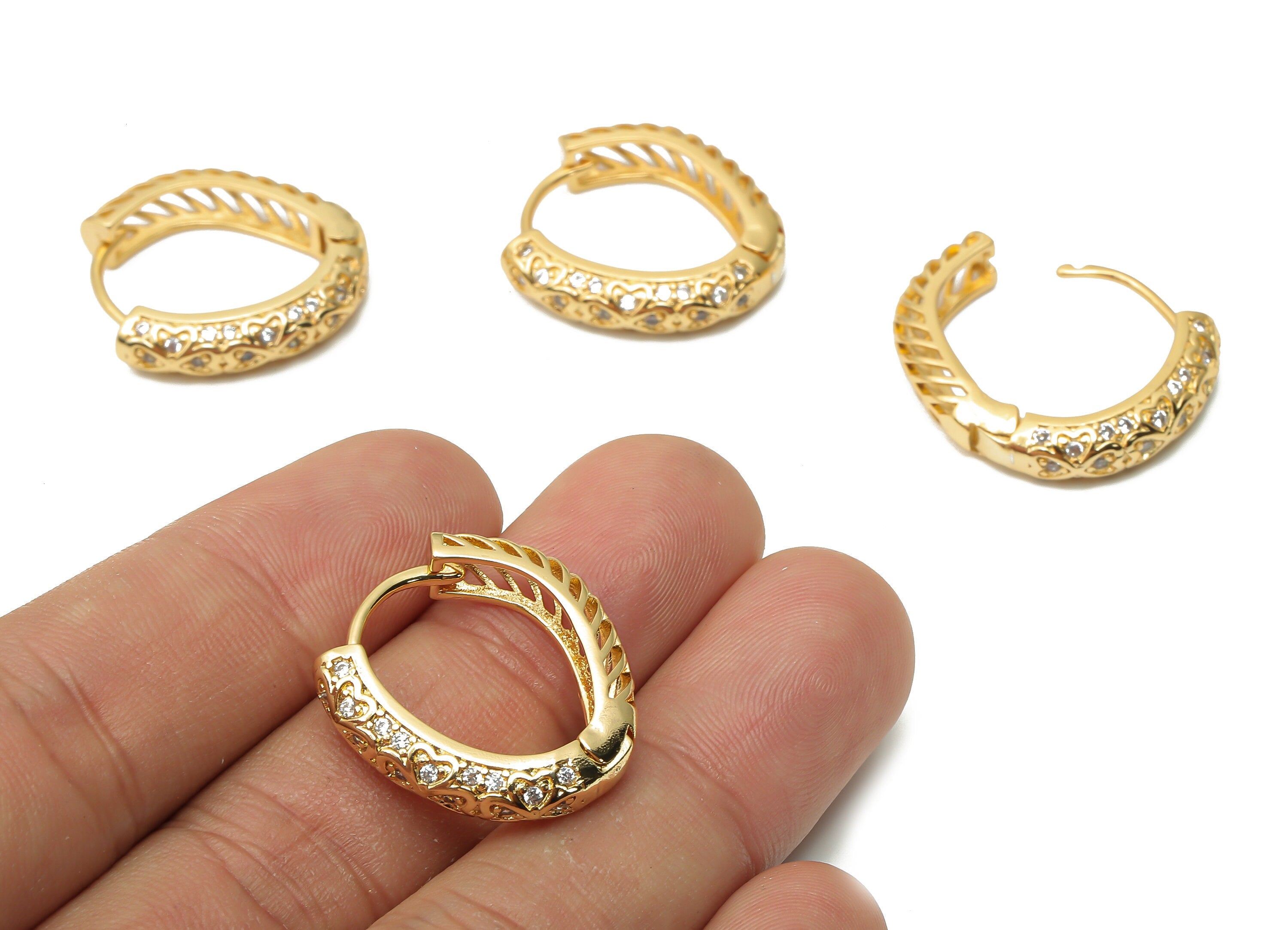 Brass Textured Thick Hoop Earring - Brass Huggie Earrings - Brass Huggie Hoop With Zircon -18K Real Gold Plated -23.61x22.68x1.61mm -RGP4962 - DOMEDBAZAAR
