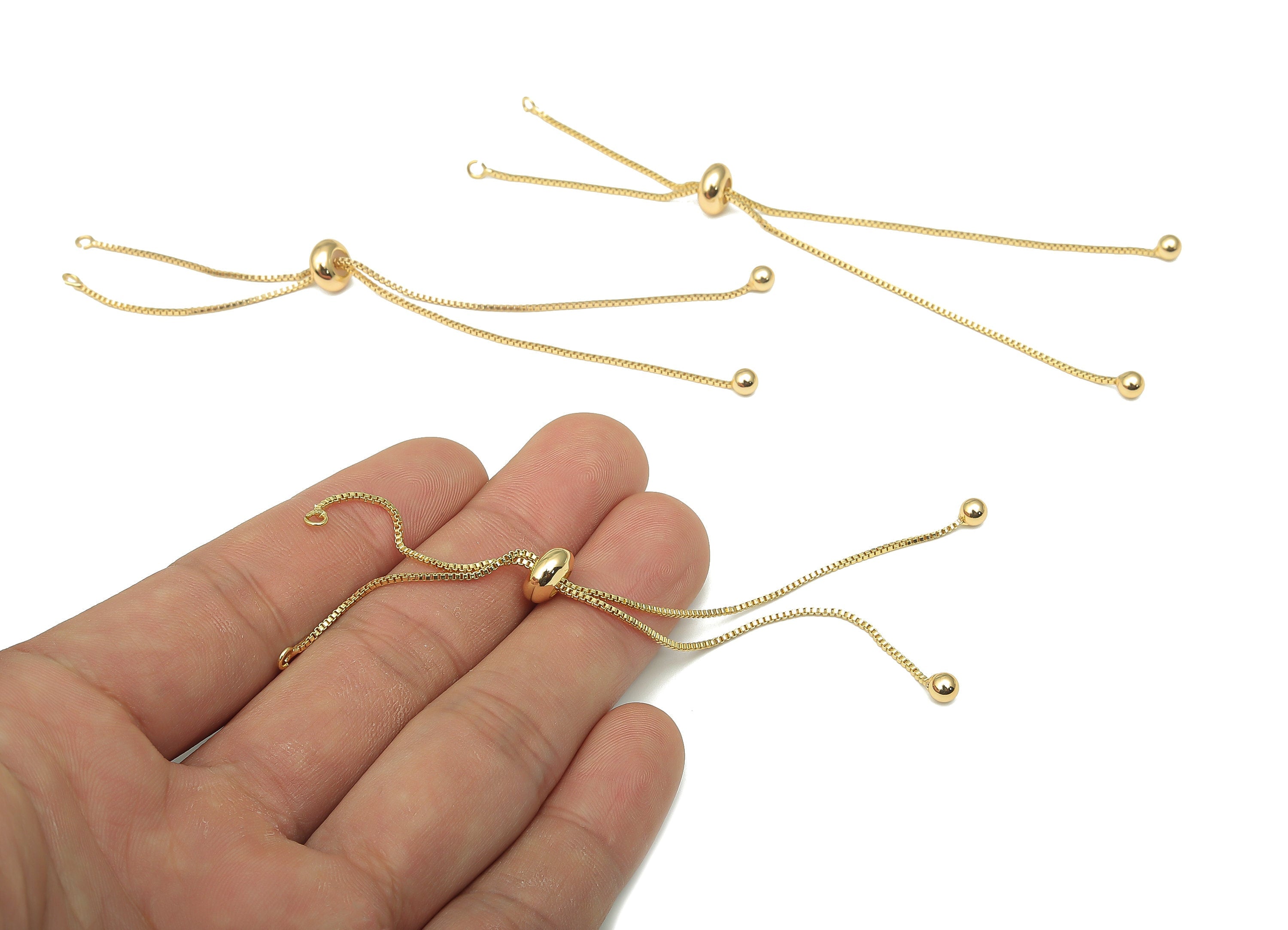 18K Real Gold - Sliding Stopper Adjustable Bracelet With Beads - Box Chain - Half Finished - Cube Chain - 113.22x8.15x4.02mm - RGP4581 - DOMEDBAZAAR