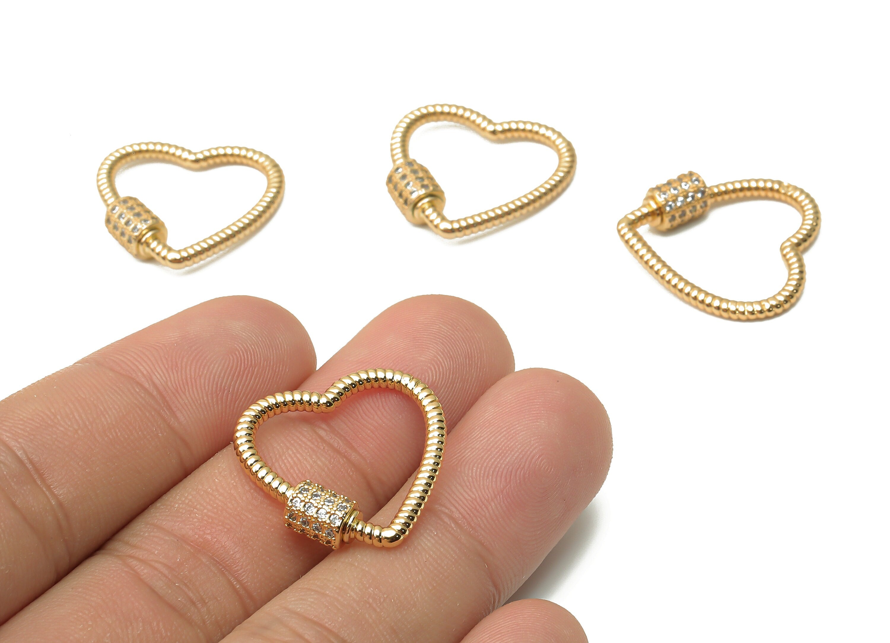 Brass Heart Screw Clasp Earring With Zircon - Twisted Turnbuckle Lock - Carabiner Earring - 18K Real Gold Plated -23.46x23.35x2.05mm-RGP4970 - DOMEDBAZAAR