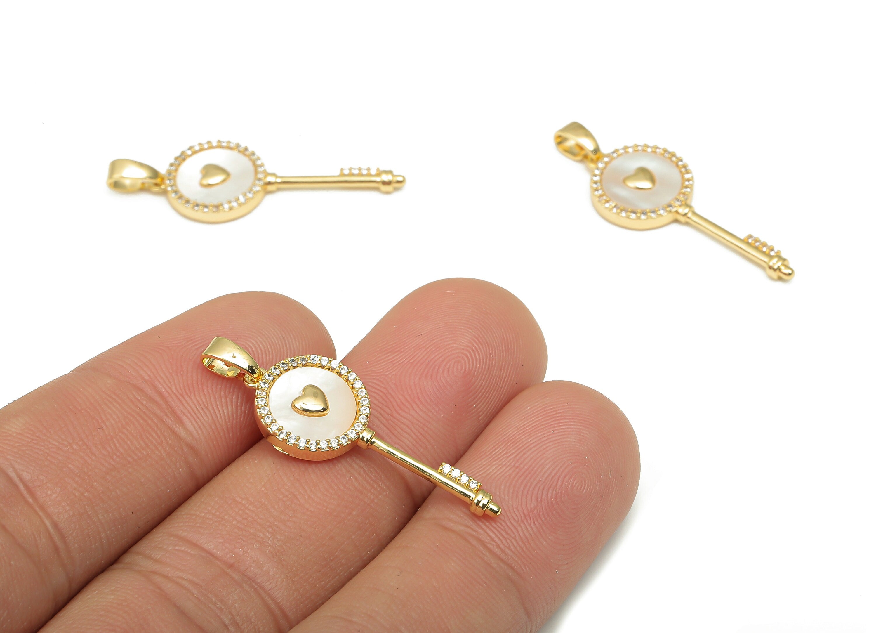 Brass MOP Key Charm - Zircon Paved Heart Pendant - 18K Real Gold Plated Brass Charm - For Necklace - 33.21x11.41x2.4mm - RGP4587 - DOMEDBAZAAR