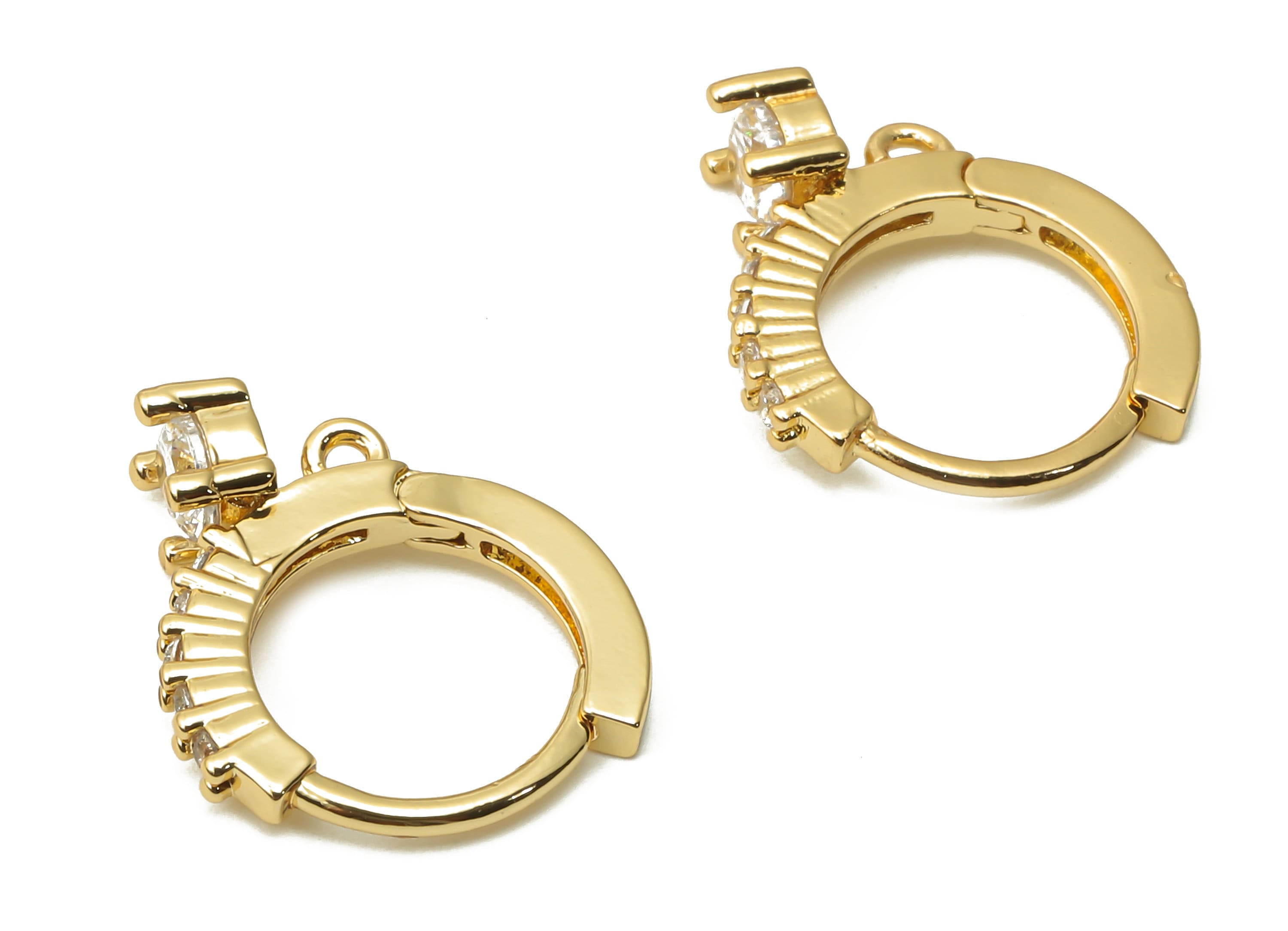 Brass Round Solitaire Ring Hoop Huggie Earrings With loop- Brass Earrings with Zircon - 18K Real Gold Plated - 14.88x13x1.58mm - RGP4973 - DOMEDBAZAAR