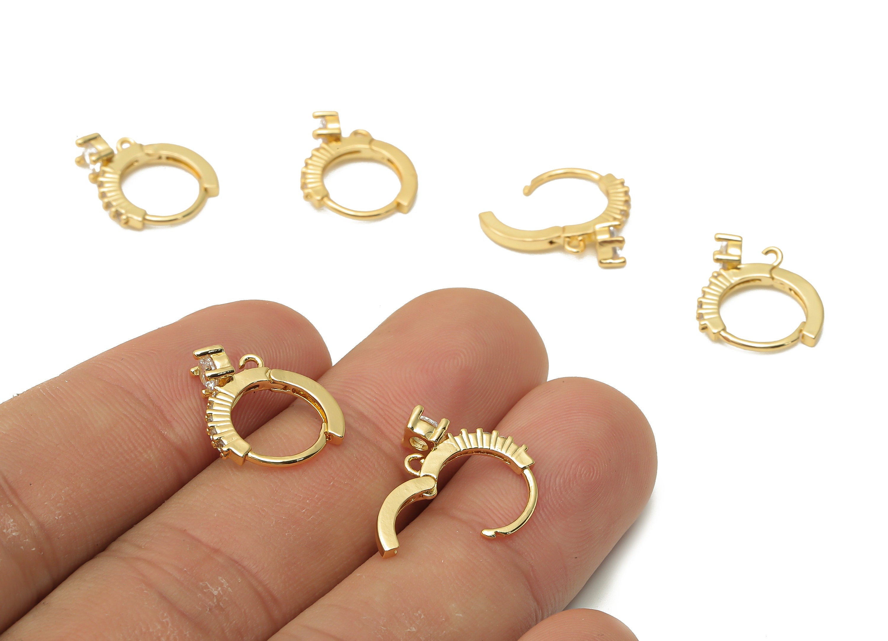 Brass Round Solitaire Ring Hoop Huggie Earrings With loop- Brass Earrings with Zircon - 18K Real Gold Plated - 14.88x13x1.58mm - RGP4973 - DOMEDBAZAAR