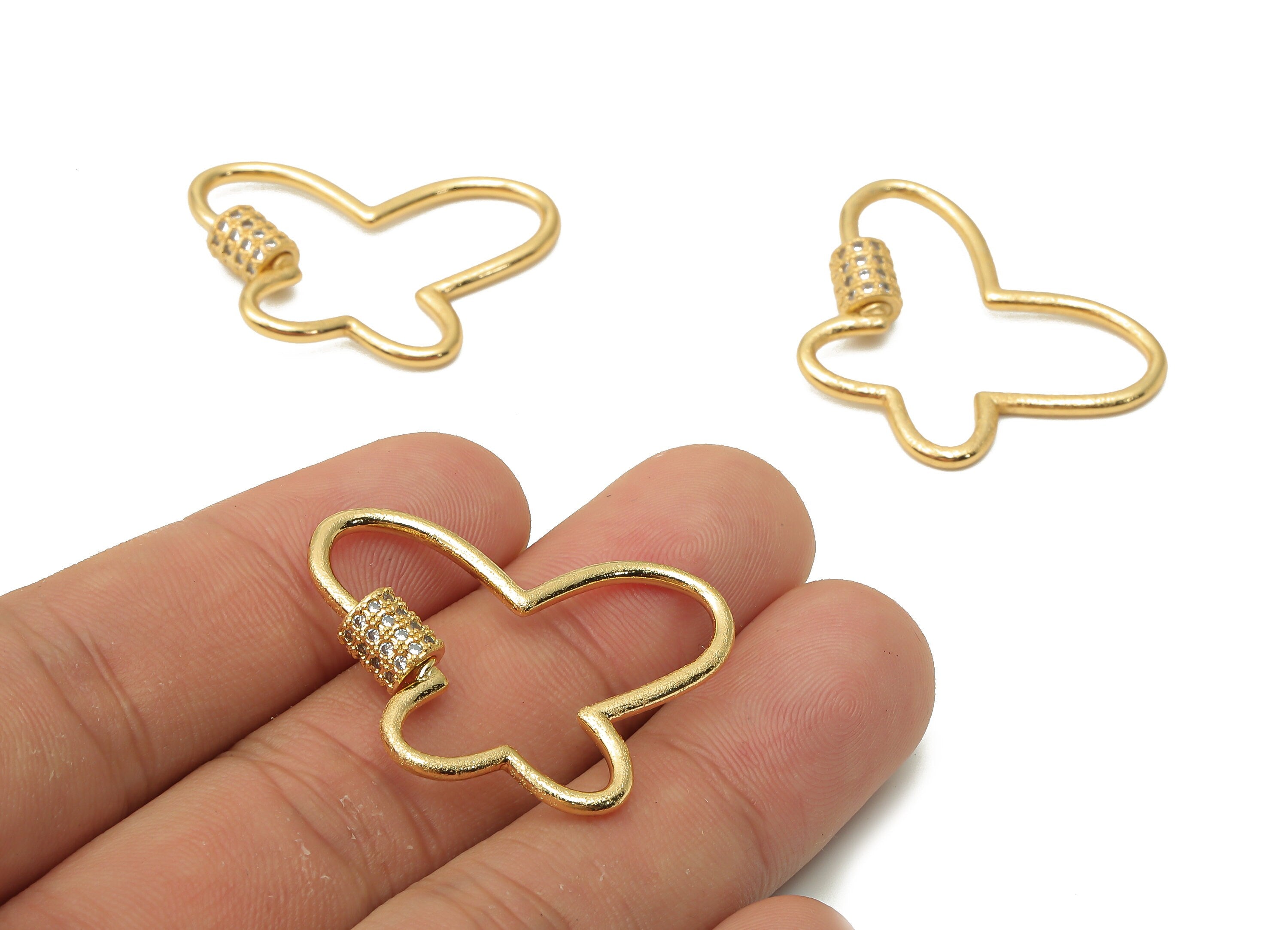 Brass Butterfly Earring Screw Clasps with Zircon - Brass Carabiner Turnbuckle Lock Pendant -18K Real Gold Plated - 33.5x25.4x1.9mm - RGP4974 - DOMEDBAZAAR
