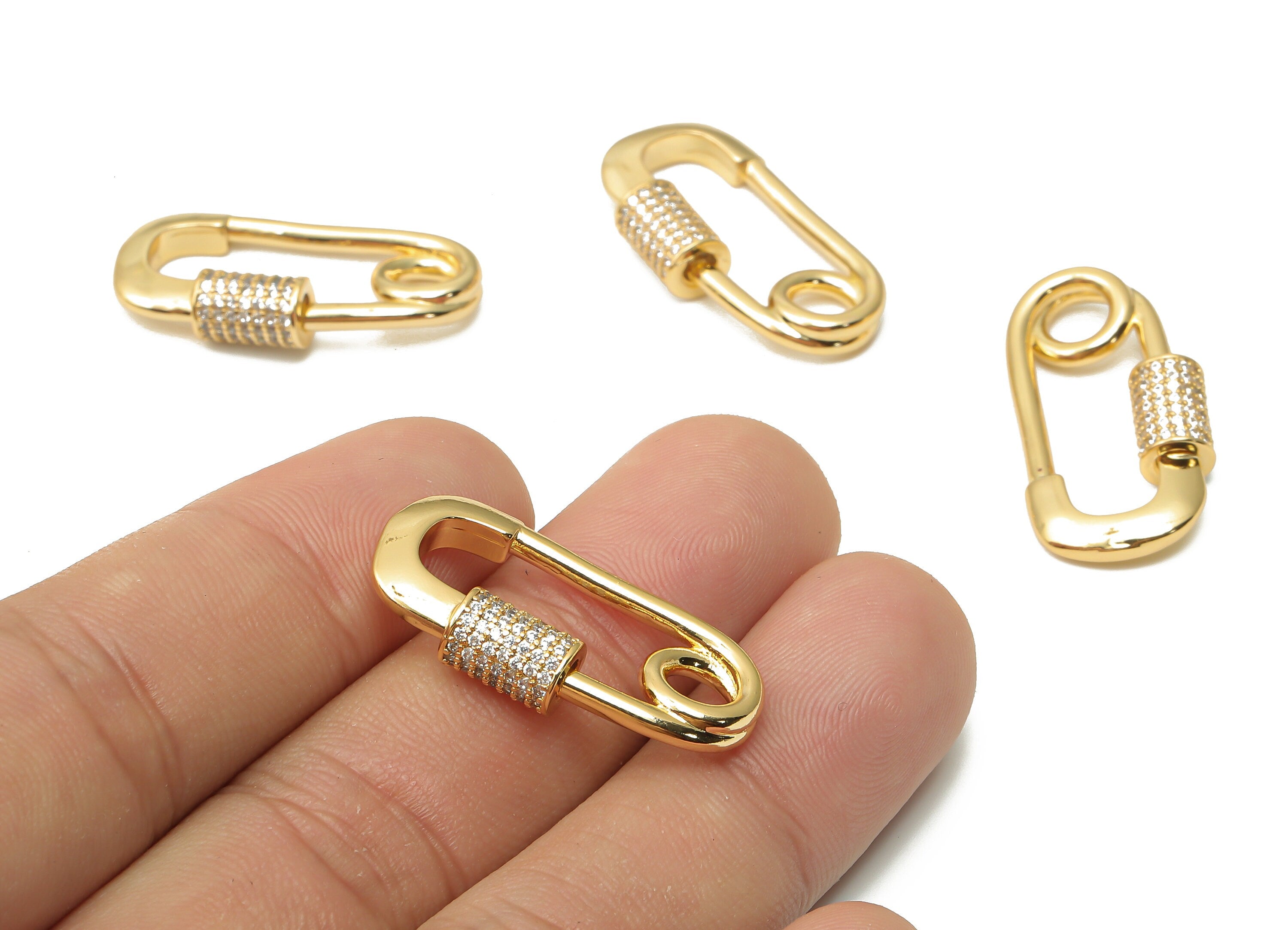 Brass Screw Clasp Safety Pin Earring - Brass Turnbuckle Lock Safety Pin Pendant - Carabiner - 18K Real Gold Plated-29.31x15.98x3.1mm-RGP4975 - DOMEDBAZAAR