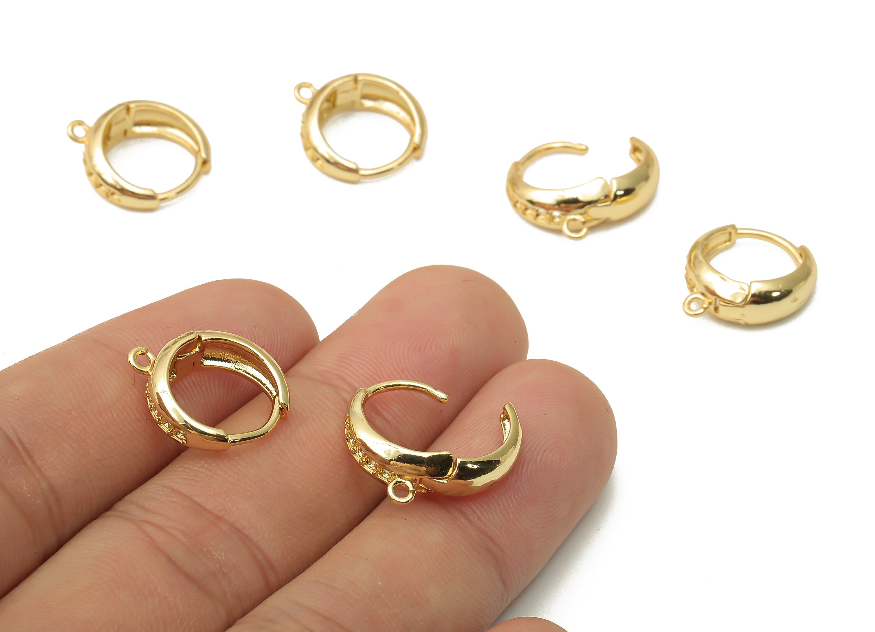 Brass Circle Earrings Clasps - Brass Dot Clasps - Gold plated Huggie Hoop With loop - 18K Real Gold Plated - 15.68x14.18x1.86mm - RGP4976 - DOMEDBAZAAR