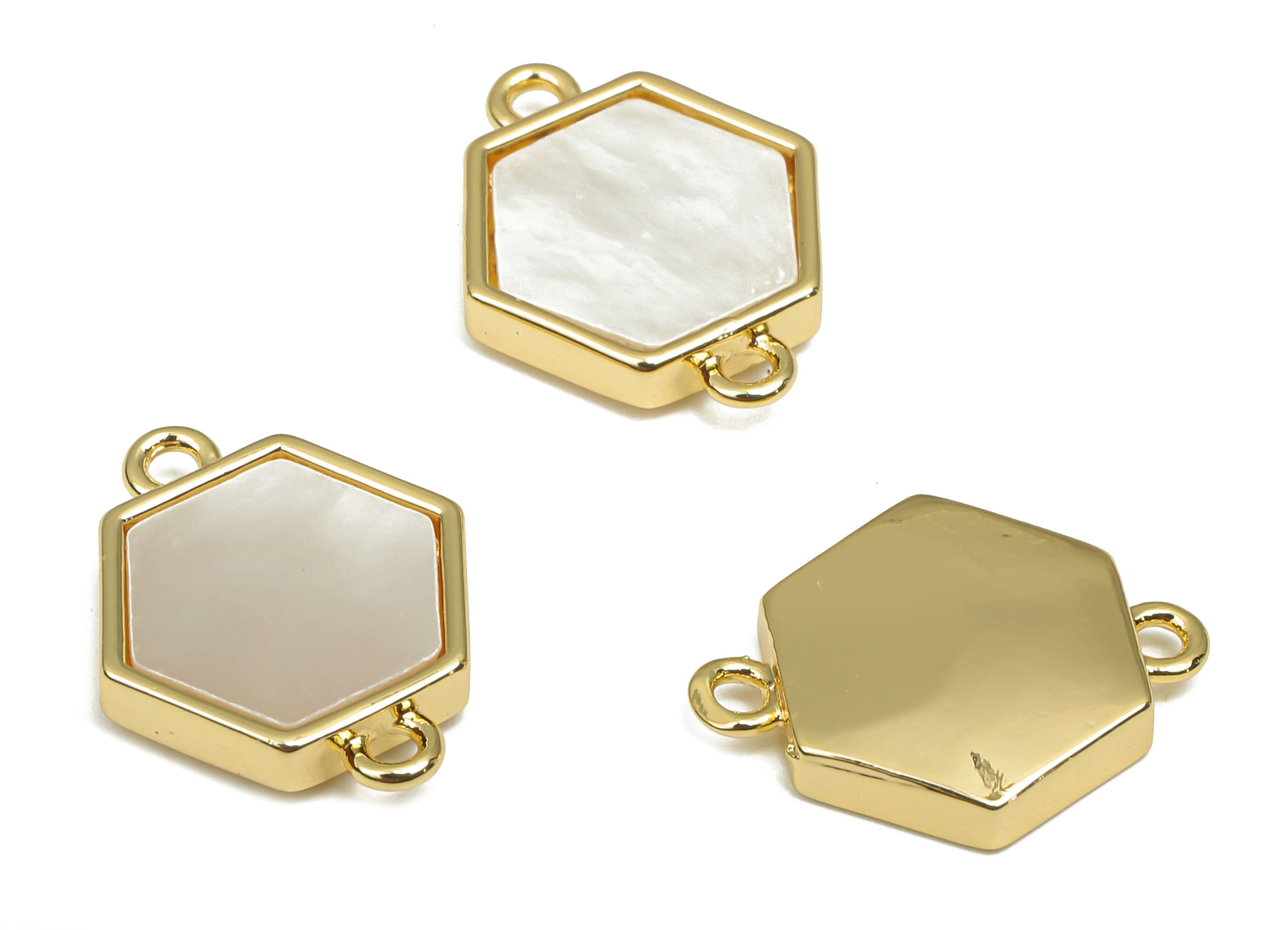 Brass Hexagon Connector - MOP Shell Charm For Bracelet - 18K Real Gold Plating - Mother of Pearl For Necklace - 15.8x11x2.6mm - RGP4597 - DOMEDBAZAAR