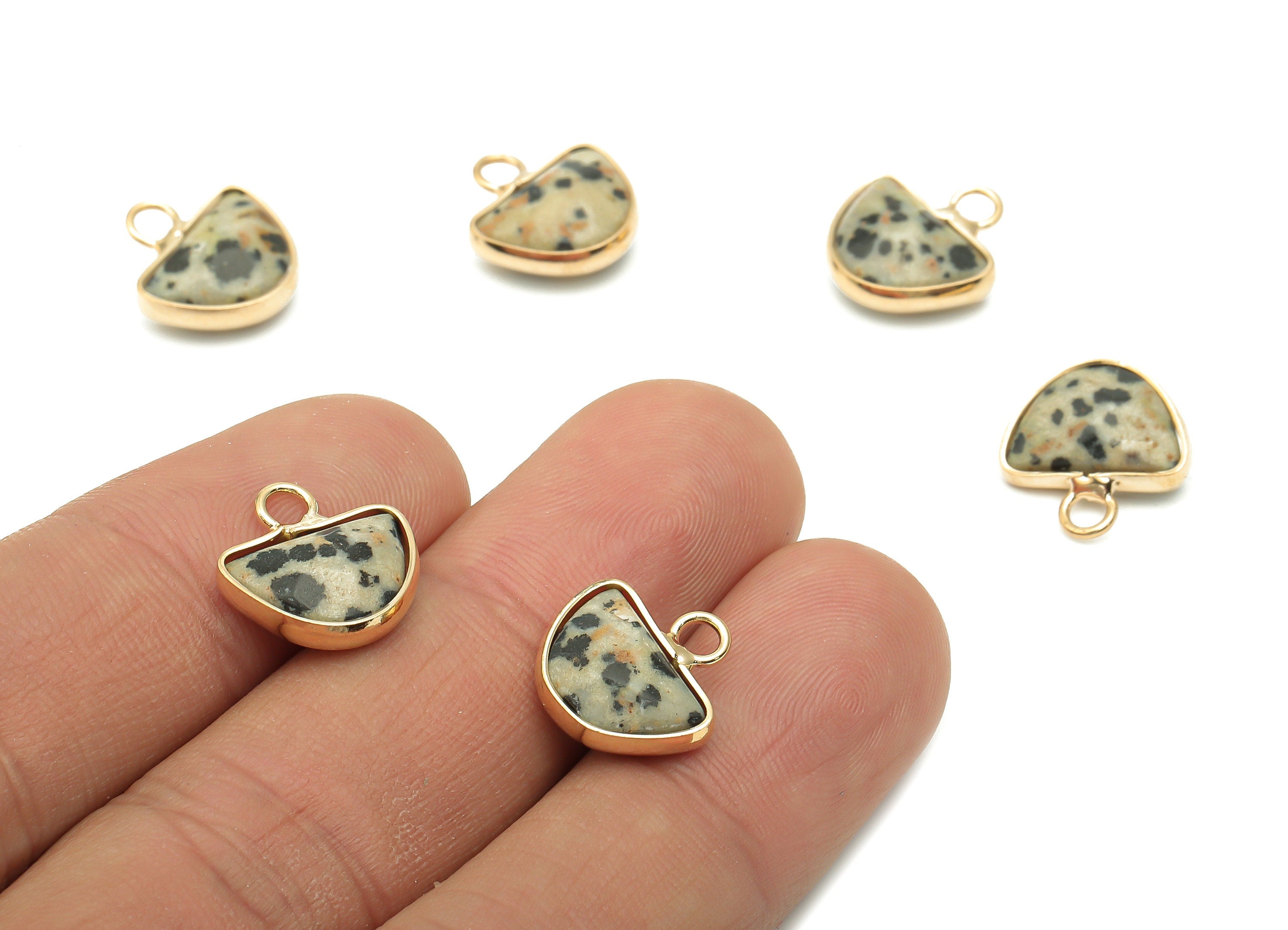 Brass Drop Pendant Charm - Dalmatian Jasper Natural Stone Charms - Gold Tone Plated Brass - Jewelry Supplies -13.71x13.03x5.24mm- NS1654E - DOMEDBAZAAR