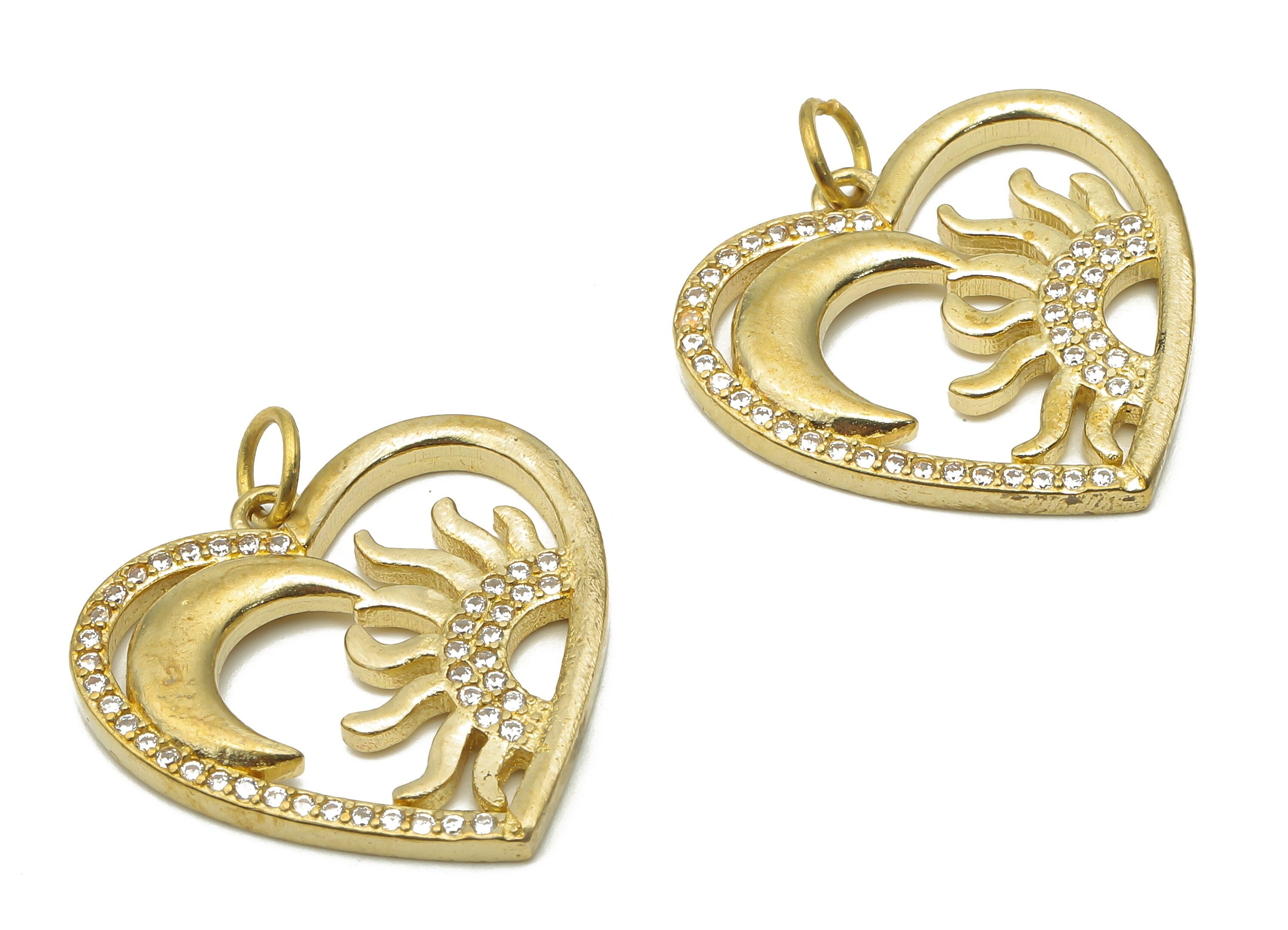 Brass Heart Pendant - Raw Brass Crescent Pendant with Zircons - Brass Sun Necklace - Raw Brass Moon Pendant - 21.35x20.92x2.5mm - PP7624 - DOMEDBAZAAR