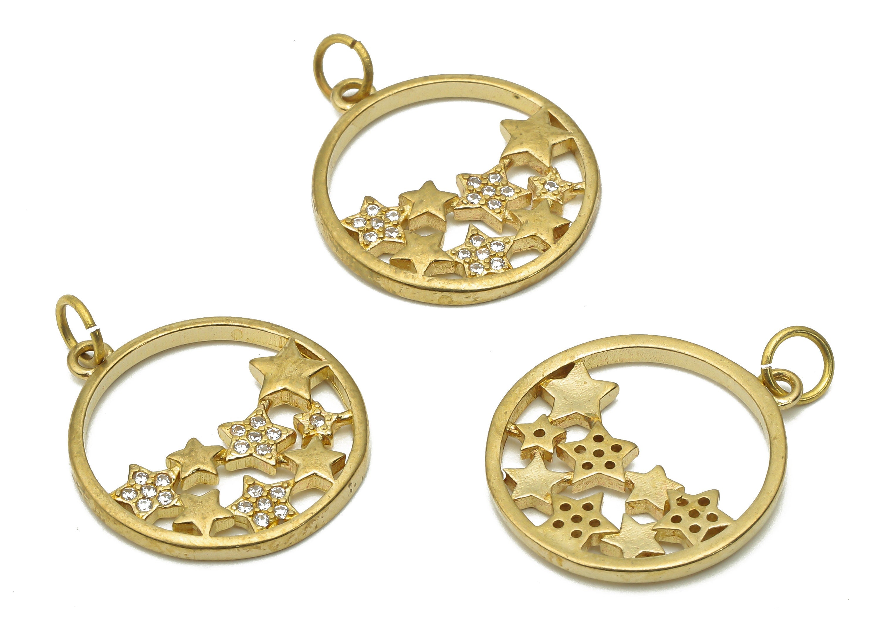 Brass Circle Earrings with Zircons - Raw Brass Star Hoop Pendant - Brass Circle Star Necklace - 20.85x18.5x2.03mm - PP7632 - DOMEDBAZAAR