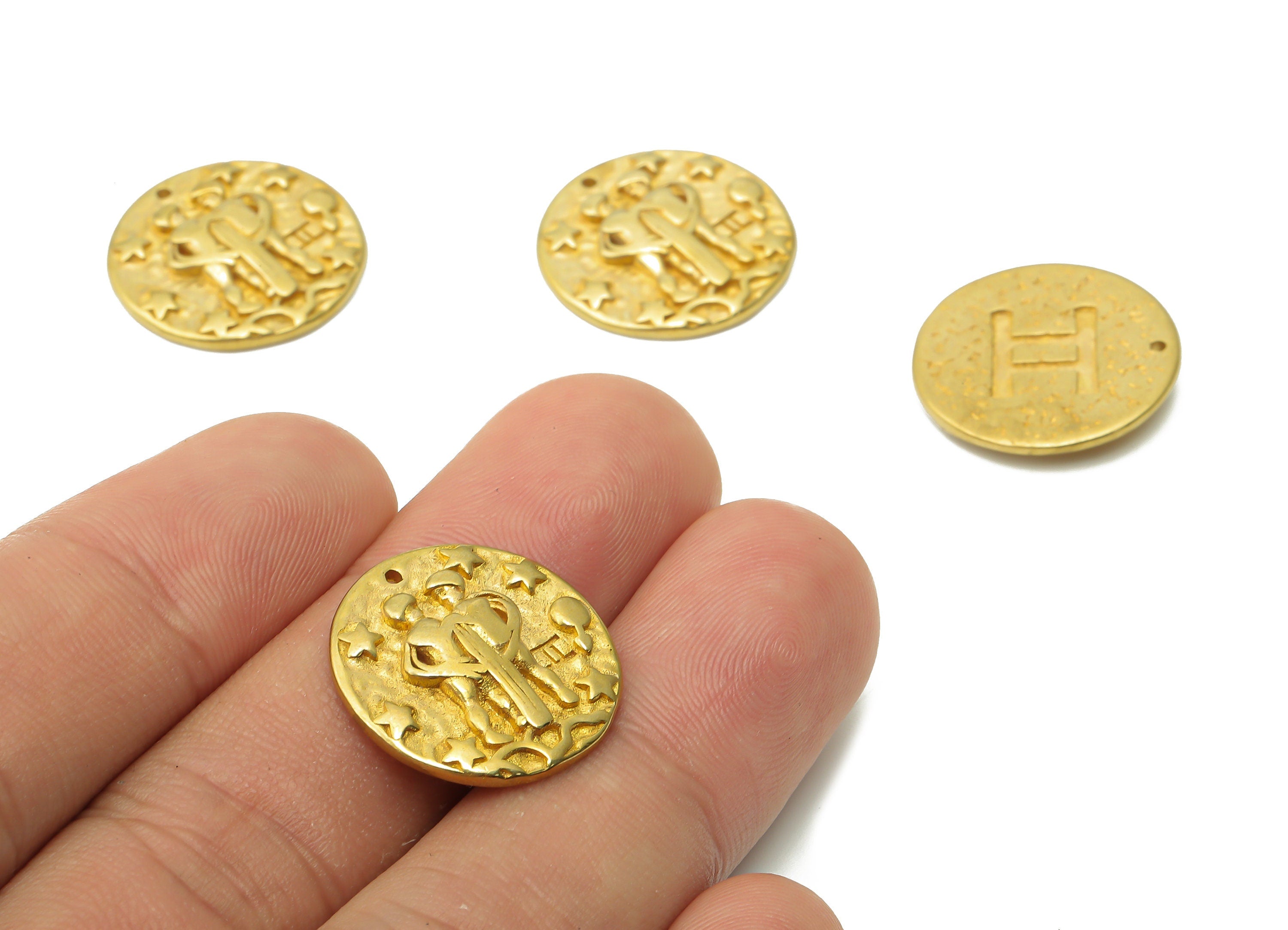 Gemini Round Charm - Raw Brass Horoscopes Charms - Round Star Pendant - Men Necklace - Brass Zodiac Pendant - 19.4x19.4x3.4mm - PP7751G - DOMEDBAZAAR