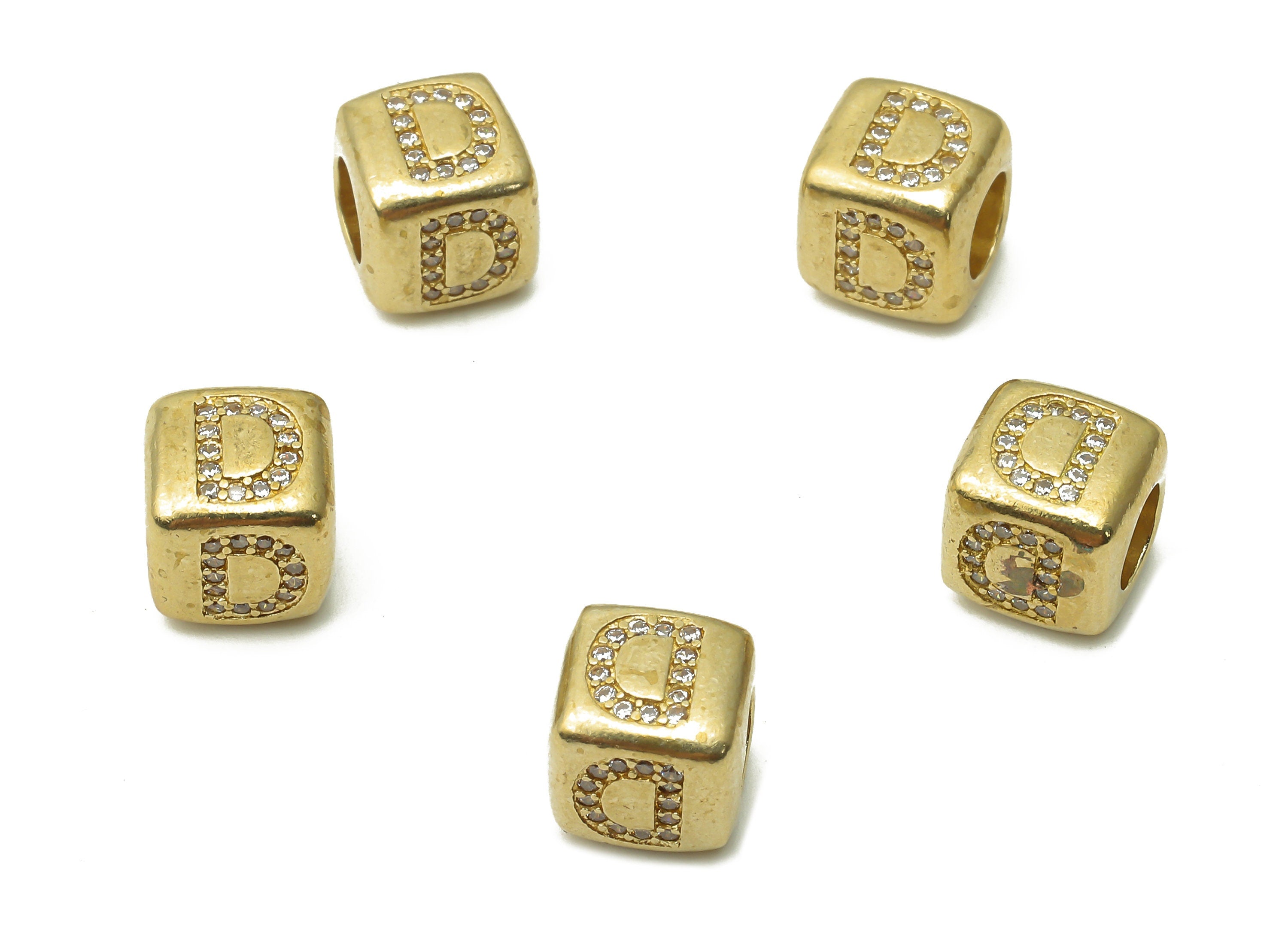 Alphabet Cube Bead D - Brass Initial Letter D - Raw Brass Zircon Letters Beads - Letter D Cube Bead - 8.63x8.63x 8.46mm - PP7804D - DOMEDBAZAAR