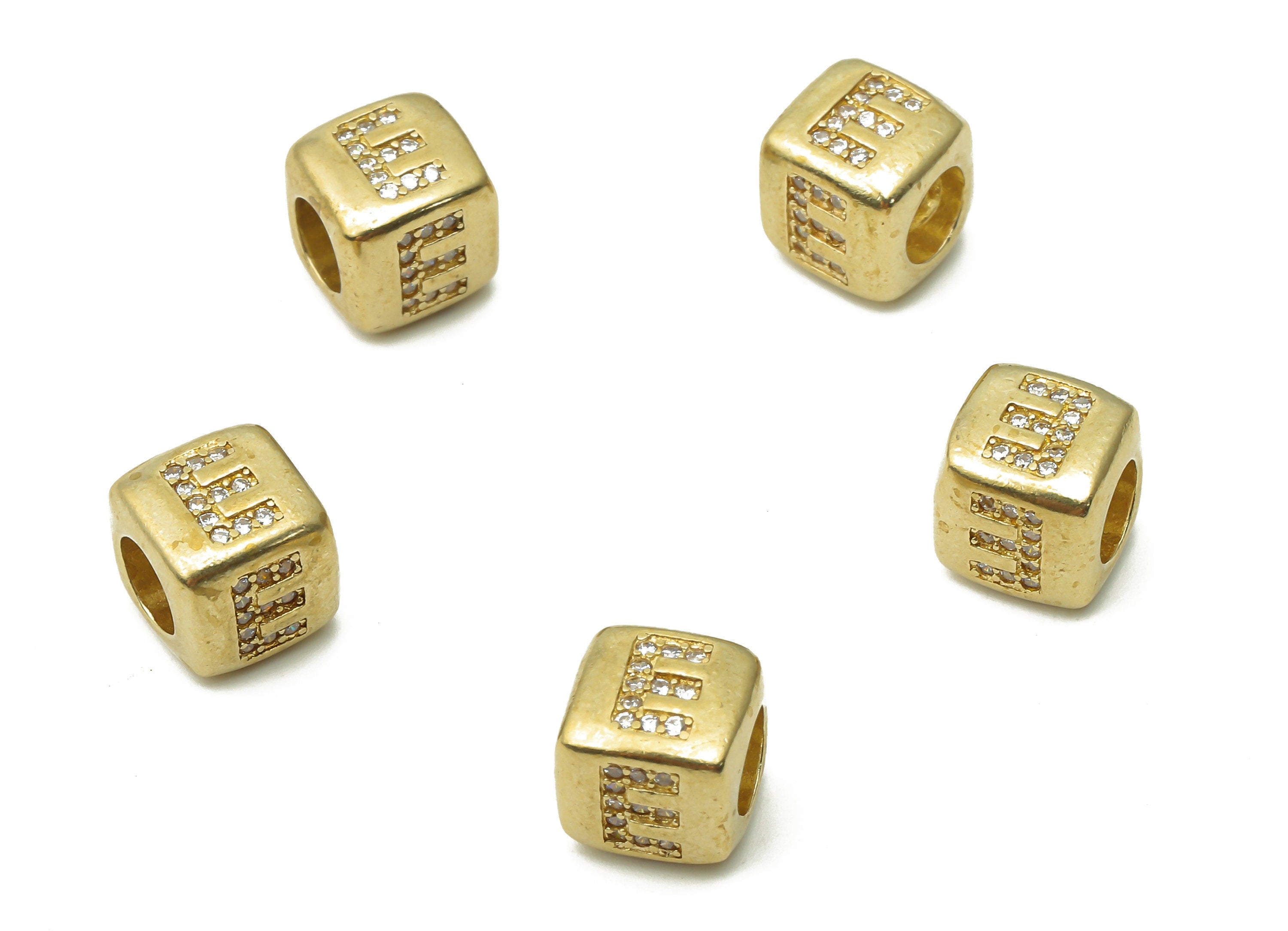 Alphabet Cube Bead E - Brass Initial Letter E - Raw Brass Zircon Letters Beads - Letter E Cube Bead - 8.63x8.63x 8.46mm - PP7804E - DOMEDBAZAAR