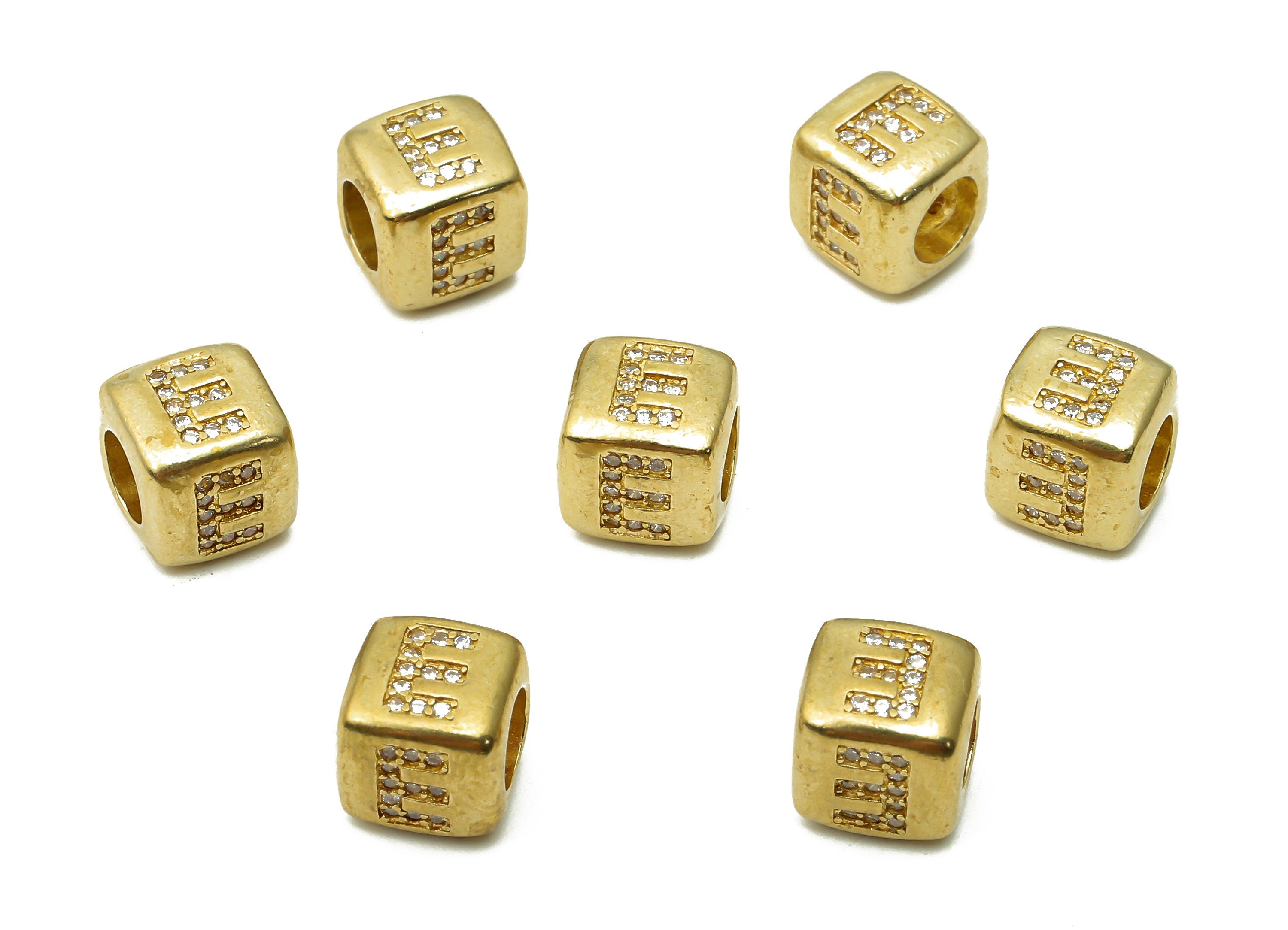 Alphabet Cube Bead E - Brass Initial Letter E - Raw Brass Zircon Letters Beads - Letter E Cube Bead - 8.63x8.63x 8.46mm - PP7804E - DOMEDBAZAAR