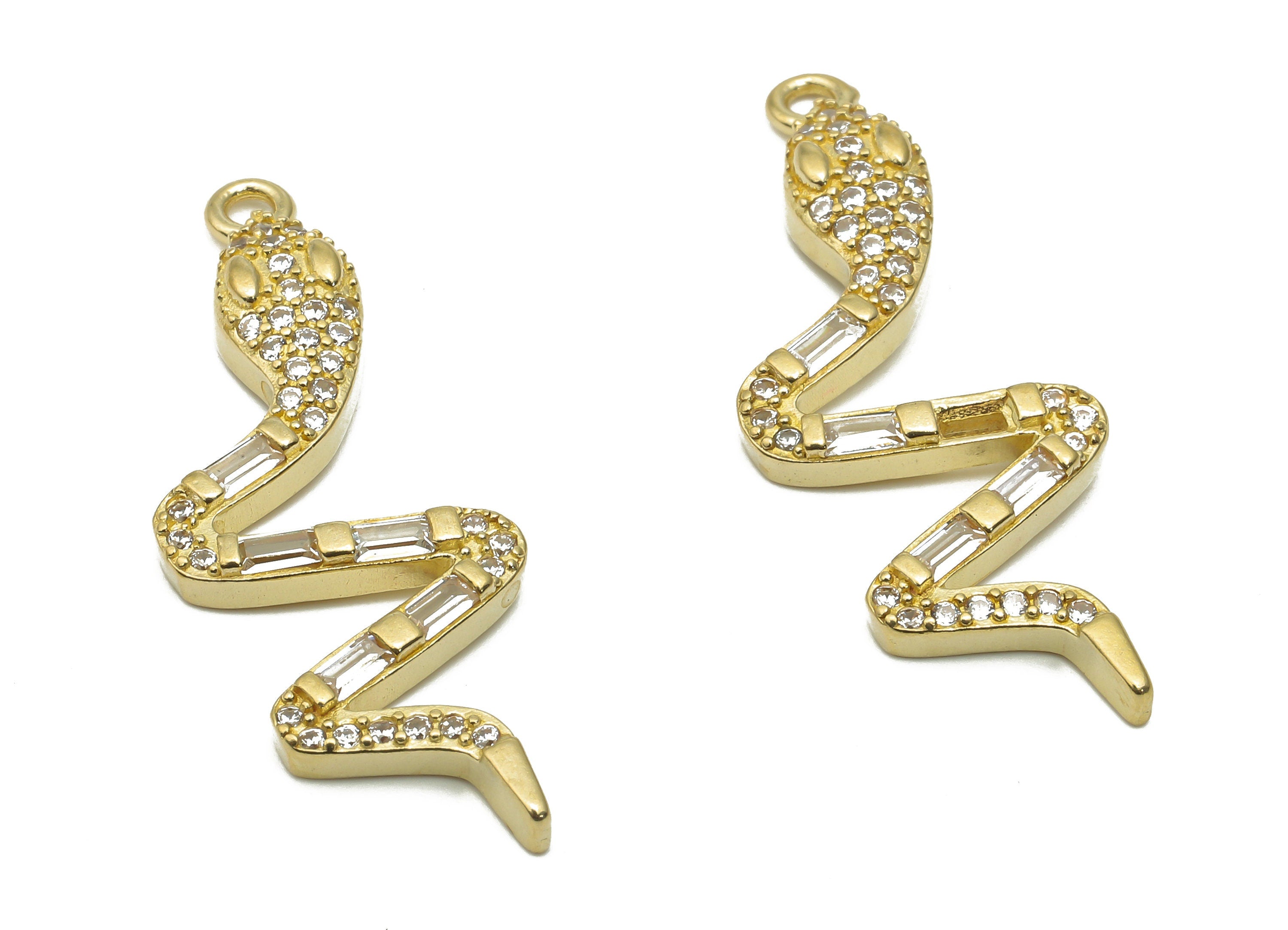 Brass Young Snake Earing with Zircons - Raw Brass Snake Necklace - Brass Snake Pendant - Brass Snake Necklace - 32.16x12.14x3.27mm - PP7675 - DOMEDBAZAAR