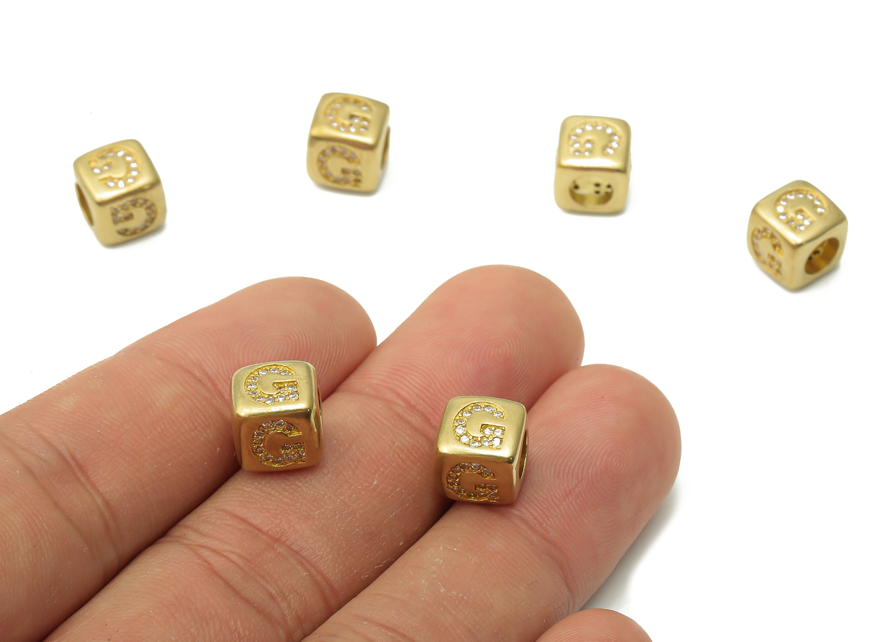 Alphabet Cube Bead G - Brass Initial Letter G - Raw Brass Zircon Letters Beads - Letter G Cube Bead - 8.63x8.63x 8.46mm - PP7804G - DOMEDBAZAAR