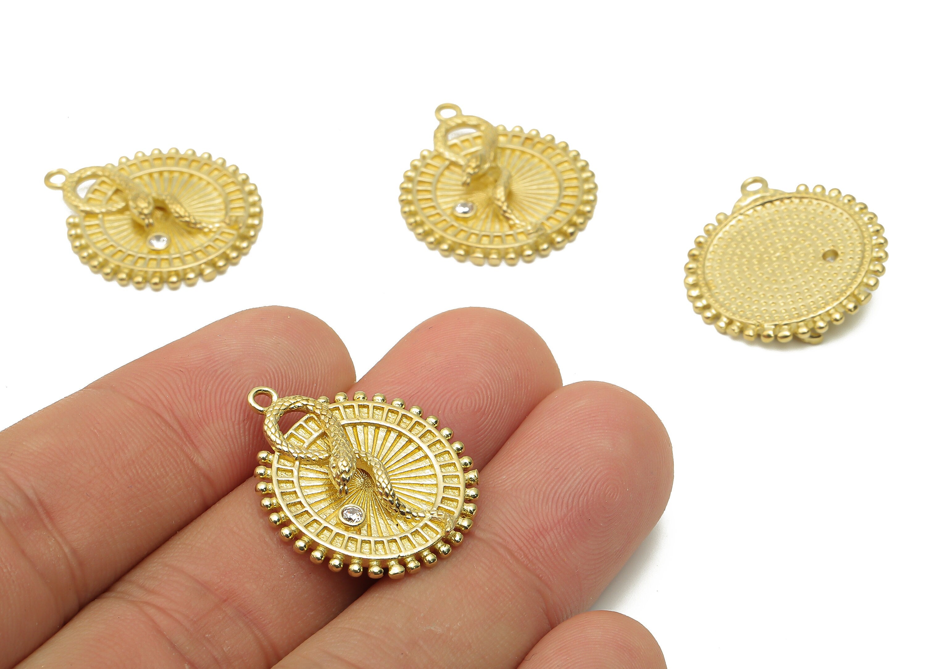 Brass Round Snake On Disc Earring with Zircons - Raw Brass Snake Tongue - Brass Round Sun Pendants - 25.23x21.86x4.72mm - PP7678 - DOMEDBAZAAR
