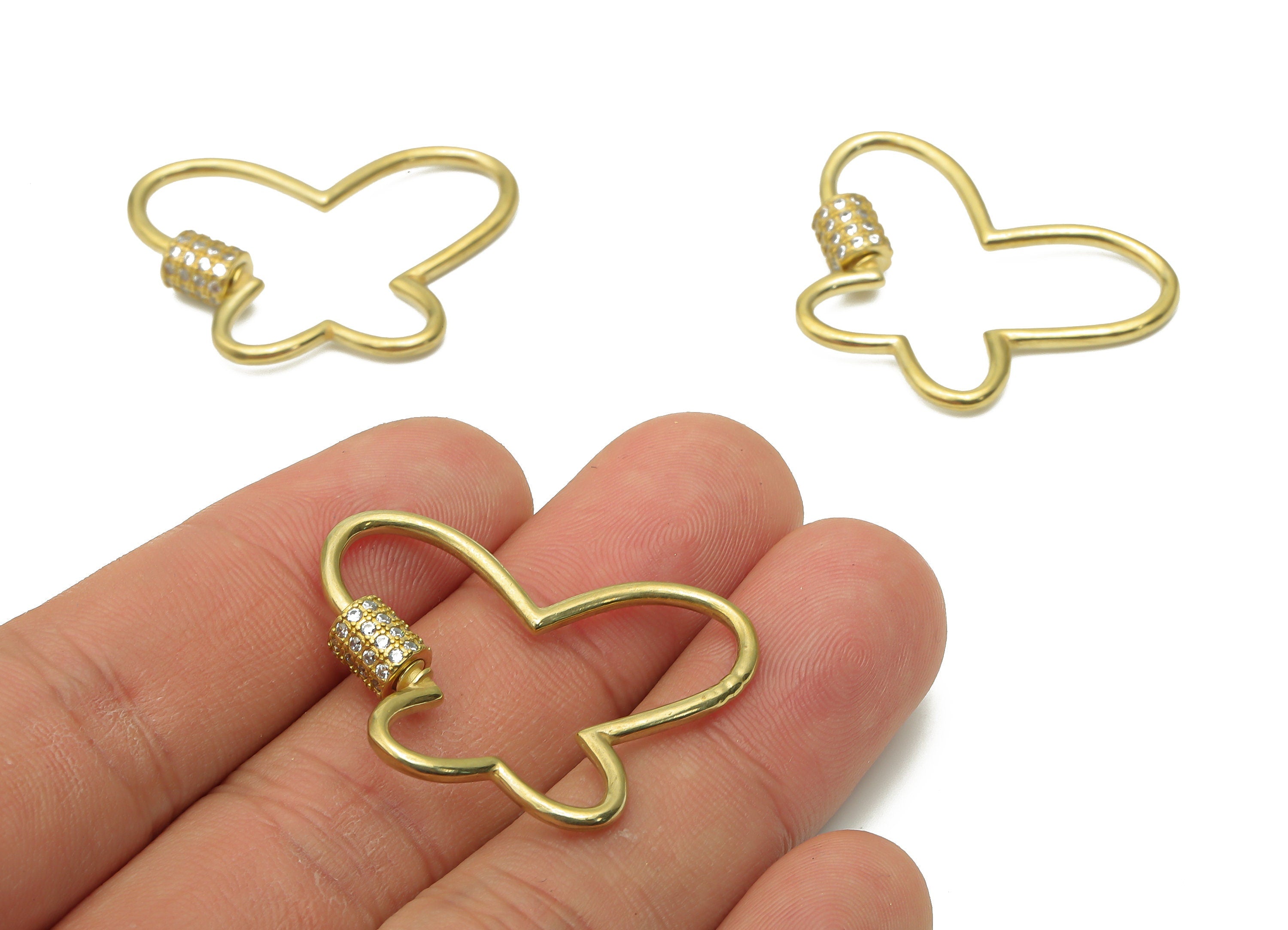 Brass Butterfly Earrings Screw Clasp with Zircons - Raw Brass Carabiner - Butterfly Turnbuckle Lock Pendant- 33.54x24.28x1.71mm - PP7686 - DOMEDBAZAAR