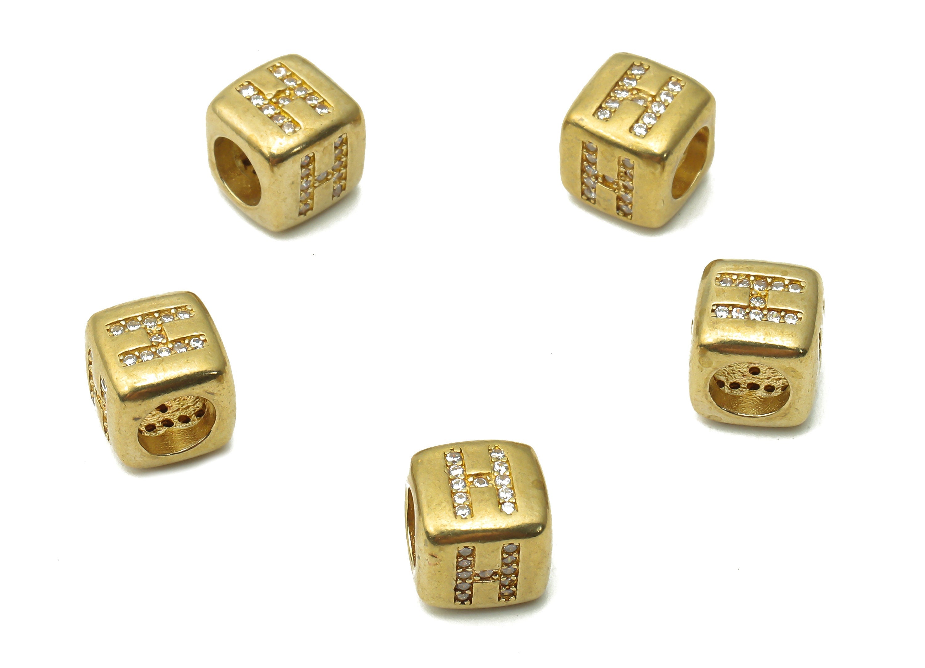 Alphabet Cube Bead H - Brass Initial Letter H - Raw Brass Zircon Letters Beads - Letter H Cube Bead - 8.63x8.63x 8.46mm - PP7804H - DOMEDBAZAAR