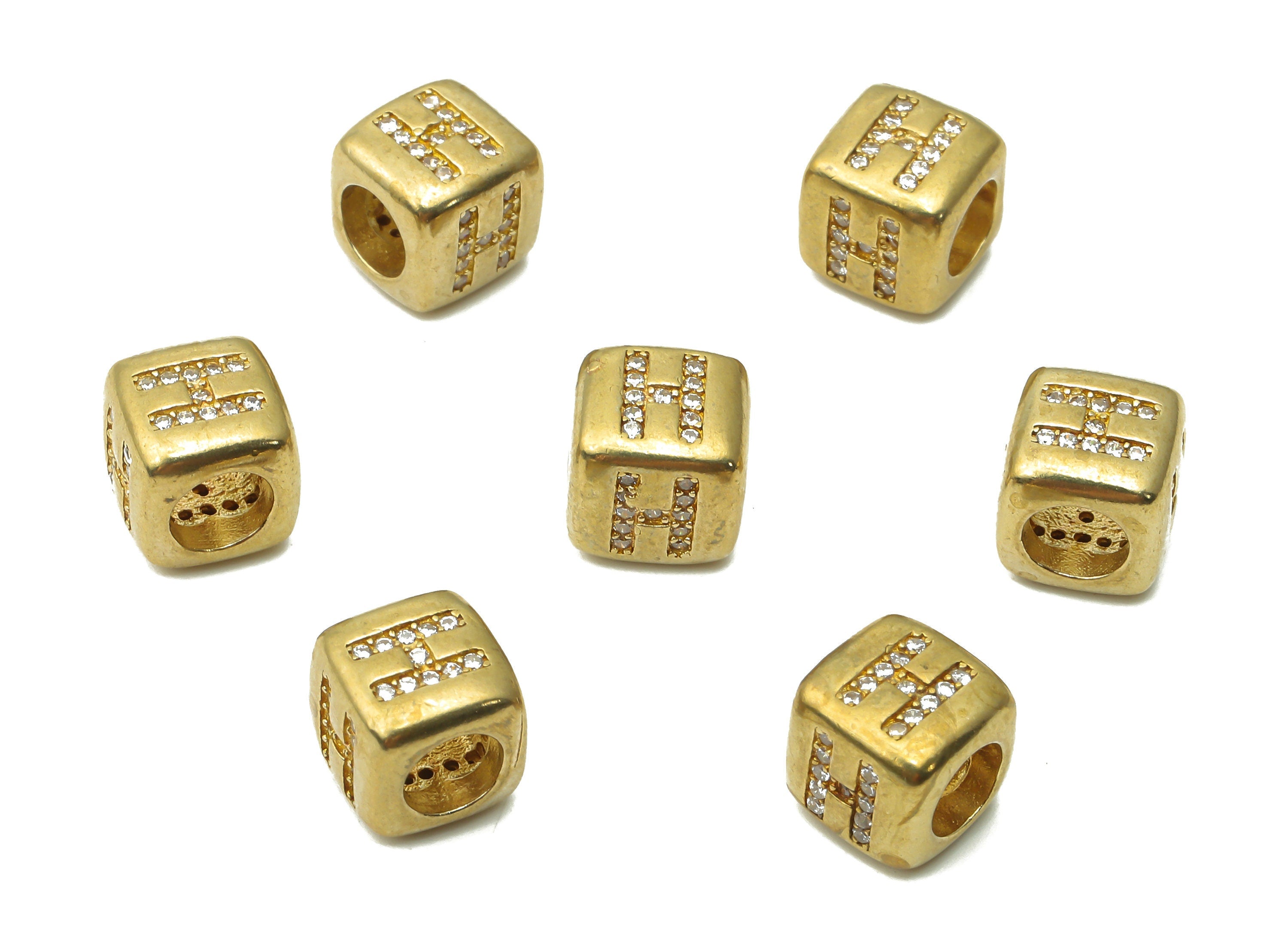Alphabet Cube Bead H - Brass Initial Letter H - Raw Brass Zircon Letters Beads - Letter H Cube Bead - 8.63x8.63x 8.46mm - PP7804H - DOMEDBAZAAR