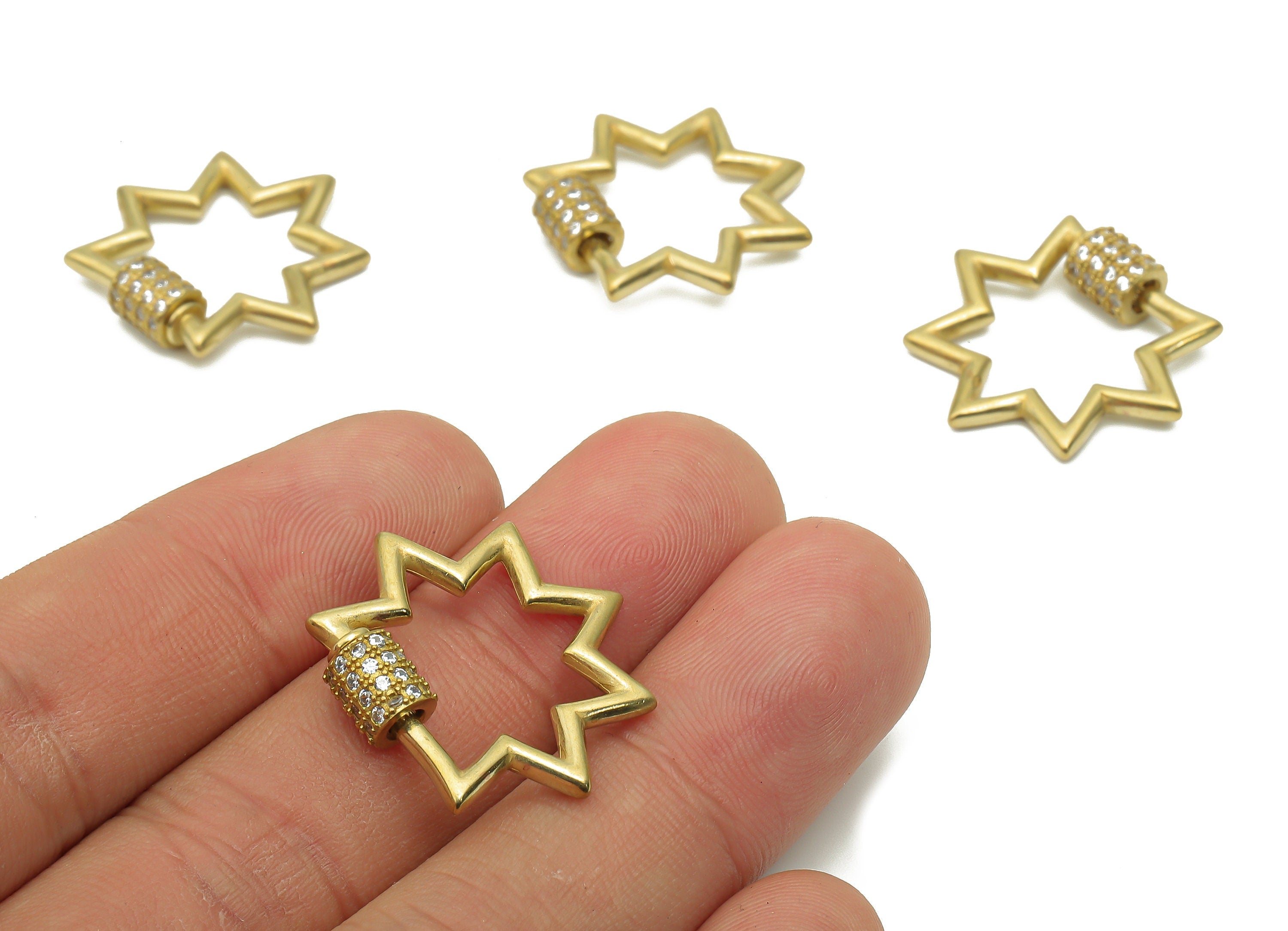 Brass Clasp Lock Earring With Zircons - Brass Carabiner Turnbuckle Earrings Stud - Raw Brass Screw Clasp - 25.28x23.14x2.16mm - PP7700 - DOMEDBAZAAR