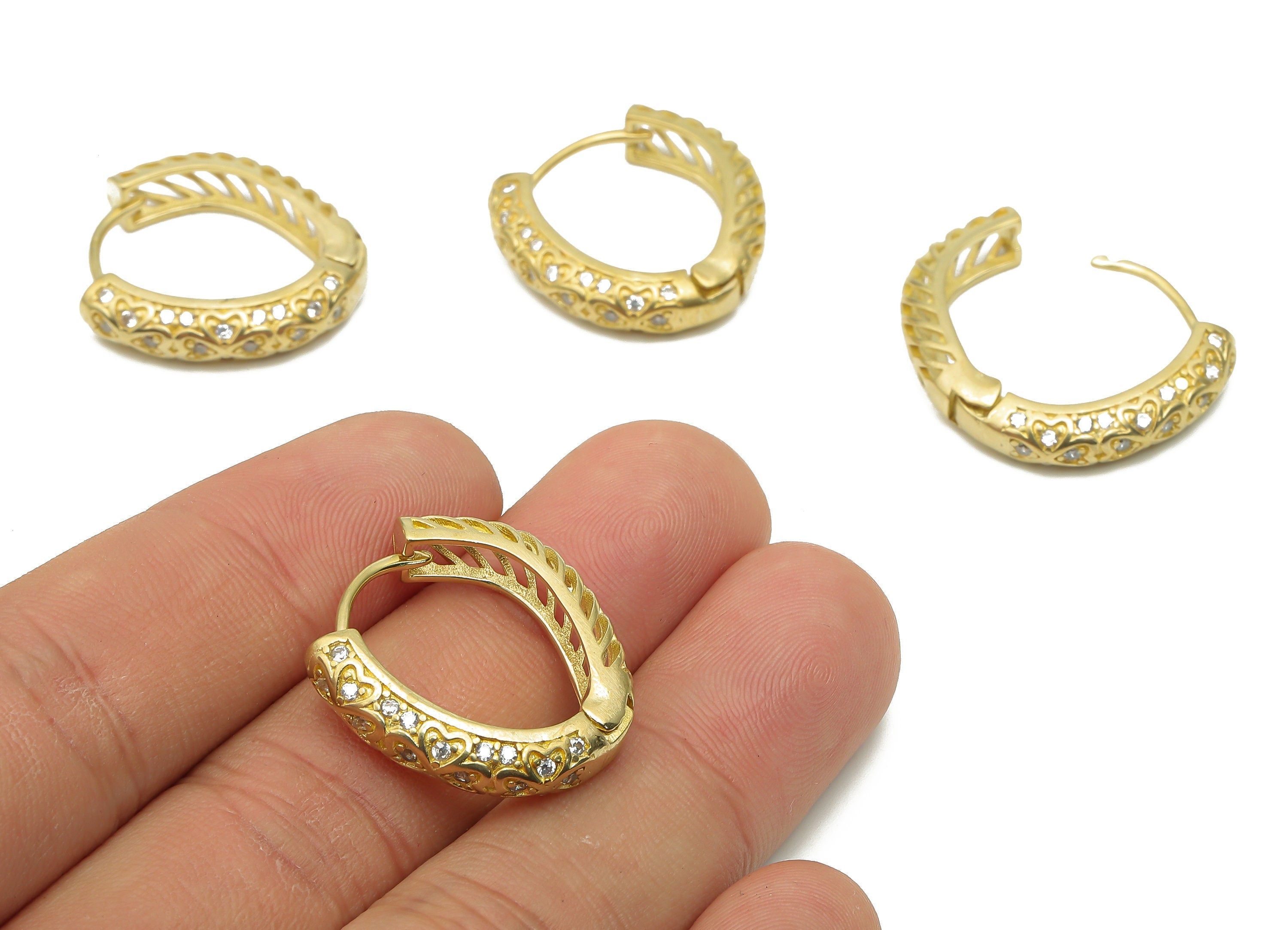 Brass Textured Thick Hoops Earring - Raw Brass Huggie Earrings - Raw Brass Huggie Hoop With Zircon - 23.61x22.68x1.61mm - PP7701 - DOMEDBAZAAR
