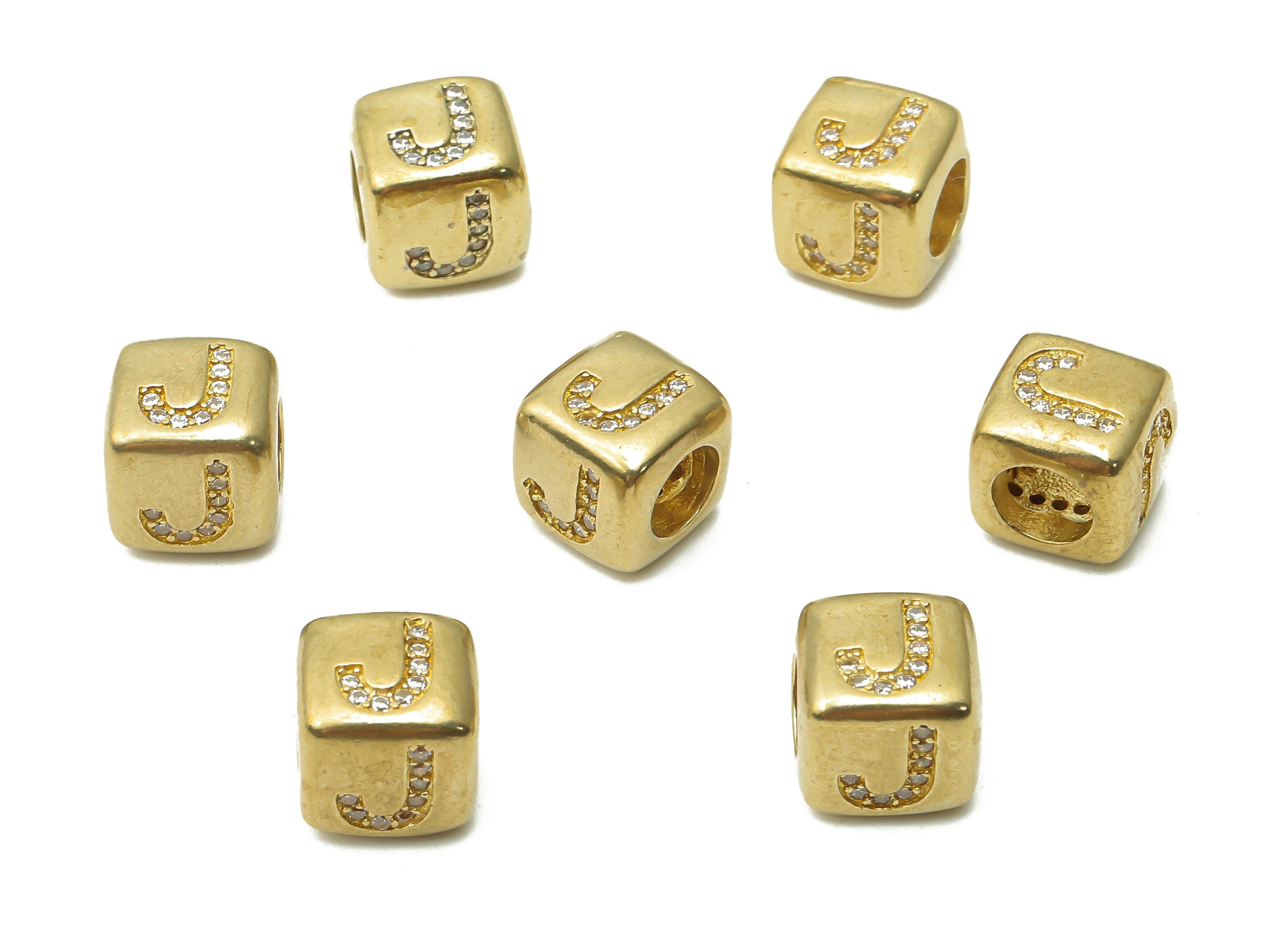Alphabet Cube Bead J - Brass Initial Letter J - Raw Brass Zircon Letters Beads - Letter J Cube Bead - 8.63x8.63x 8.46mm - PP7804J - DOMEDBAZAAR