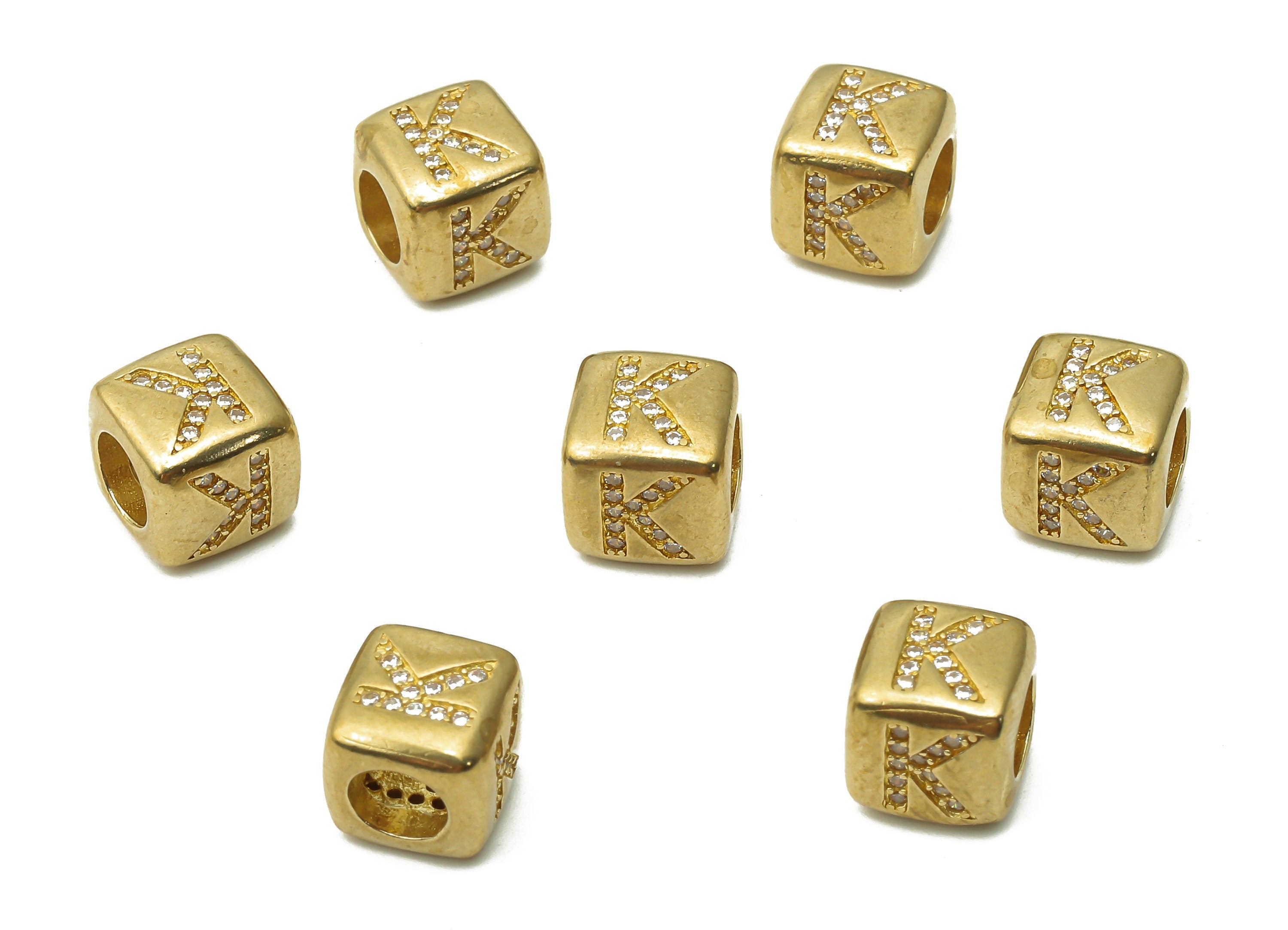 Alphabet Cube Bead K - Brass Initial Letter K - Raw Brass Zircon Letters Beads - Letter K Cube Bead - 8.63x8.63x 8.46mm - PP7804K - DOMEDBAZAAR