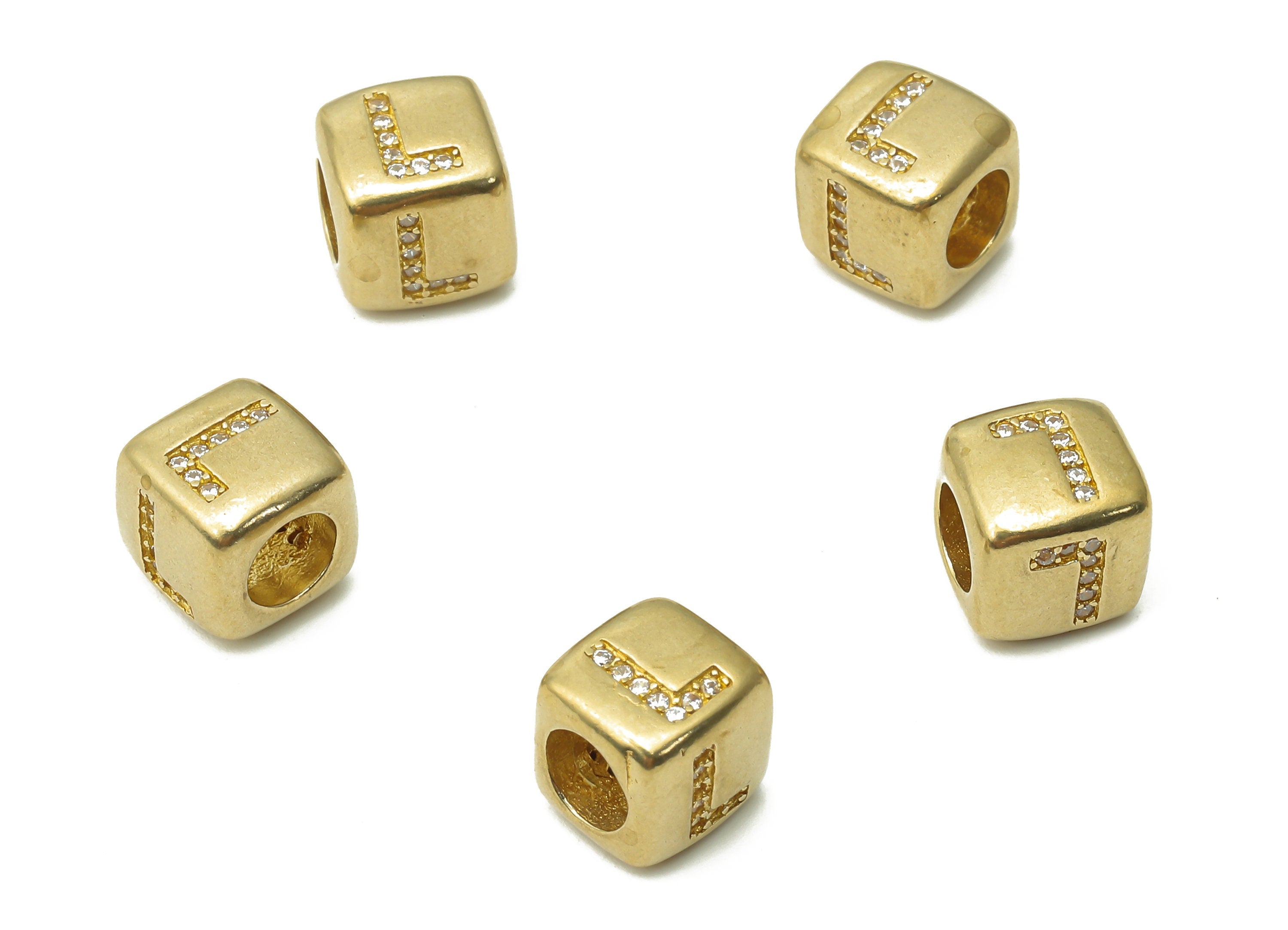 Alphabet Cube Bead L - Brass Initial Letter L - Raw Brass Zircon Letters Beads - Letter L Cube Bead - 8.63x8.63x 8.46mm - PP7804L - DOMEDBAZAAR