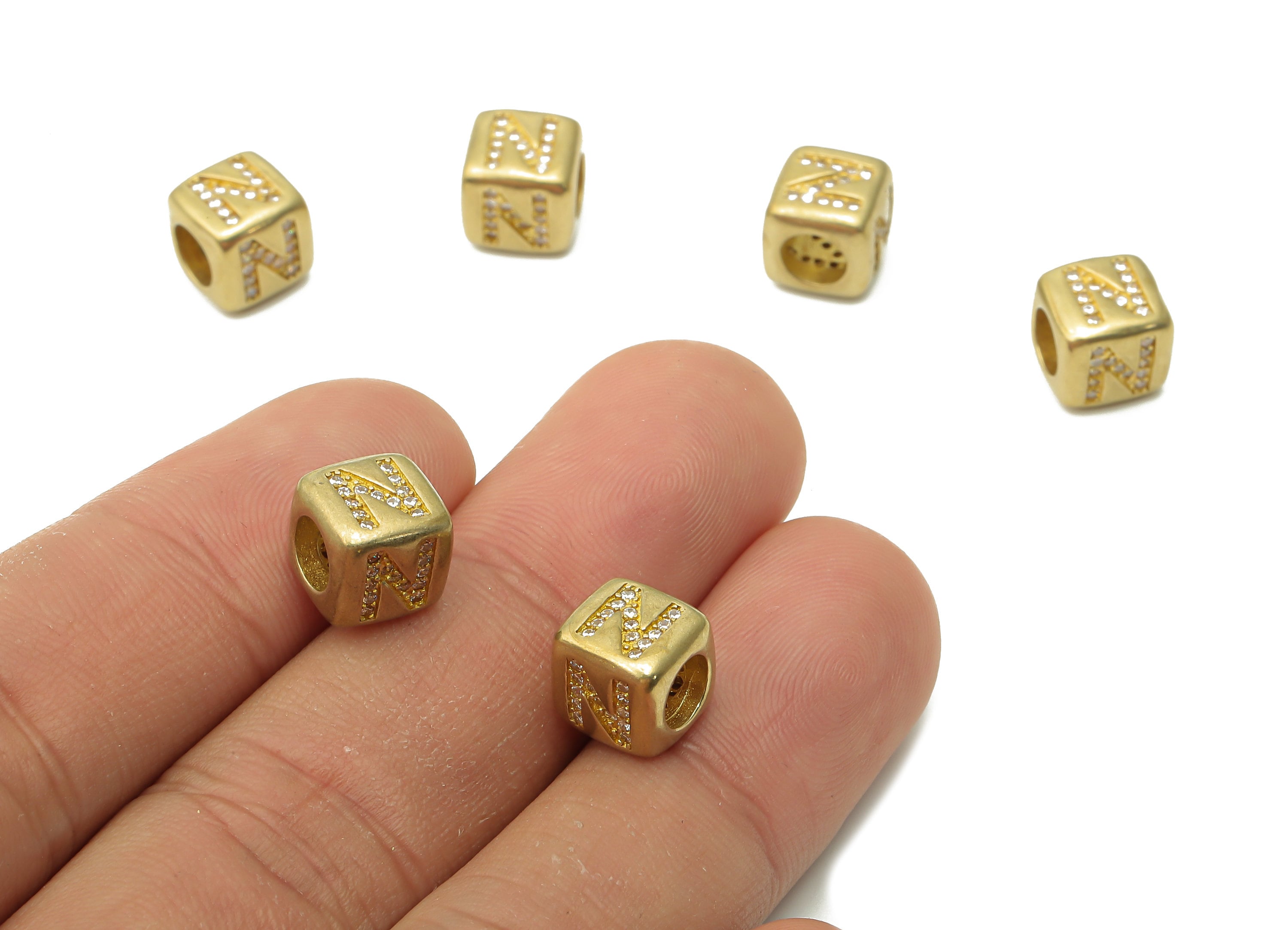 Alphabet Cube Bead N - Brass Initial Letter N - Raw Brass Zircon Letters Beads - Letter N Cube Bead - 8.63x8.63x 8.46mm - PP7804N - DOMEDBAZAAR