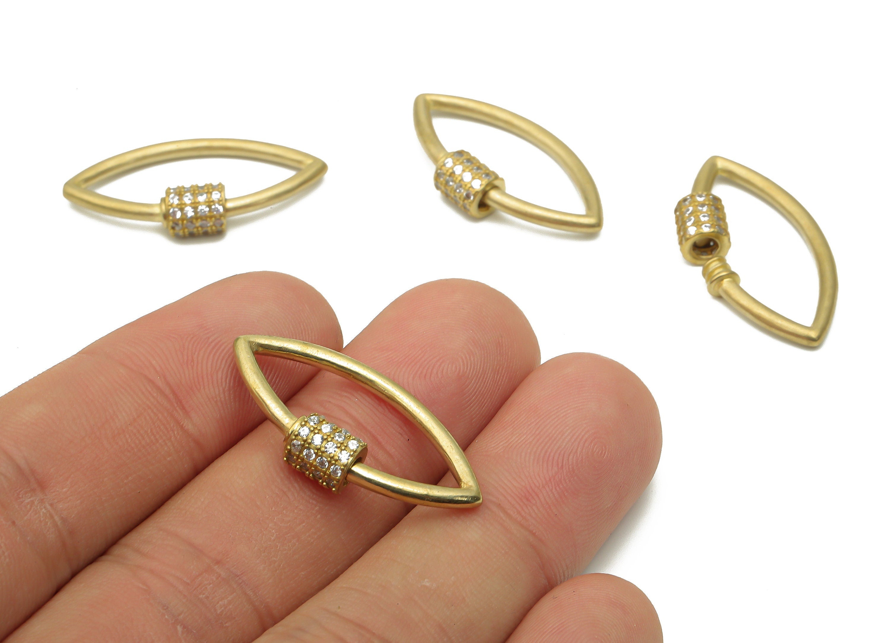 Brass Marquies Screw Clasp Earrings with Zircons - Brass Turnbuckle Lock - Brass Eye Carabiner Earrings - 29.64x15.55x2.09mm - PP7722 - DOMEDBAZAAR