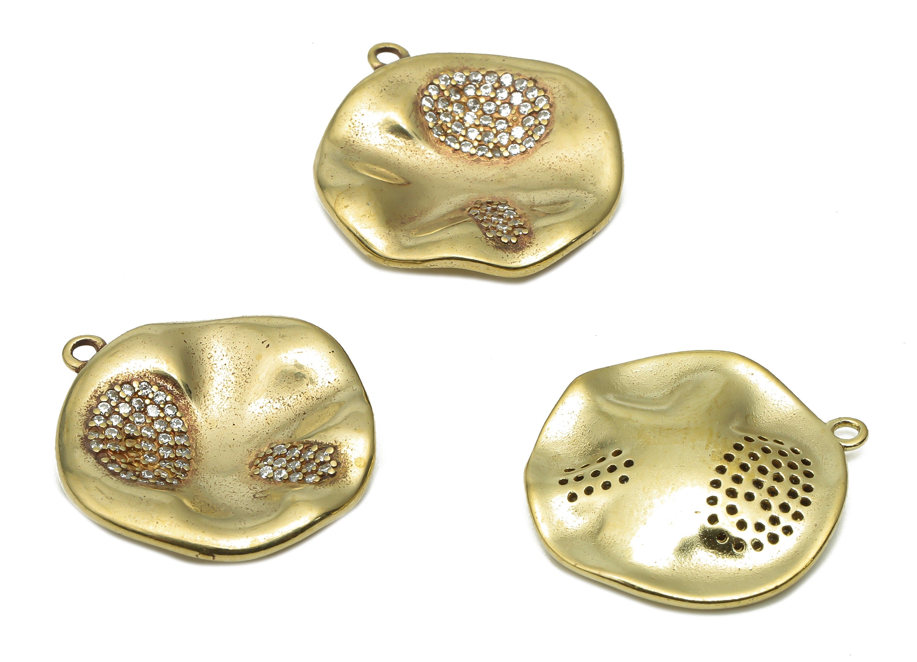 Brass Curved Round Leaf Earring Charm with Zircon - Raw Brass Wavy Pendant - Raw Brass Lotus Charm - 21.51x20.07x1.39mm- PP7730 - DOMEDBAZAAR