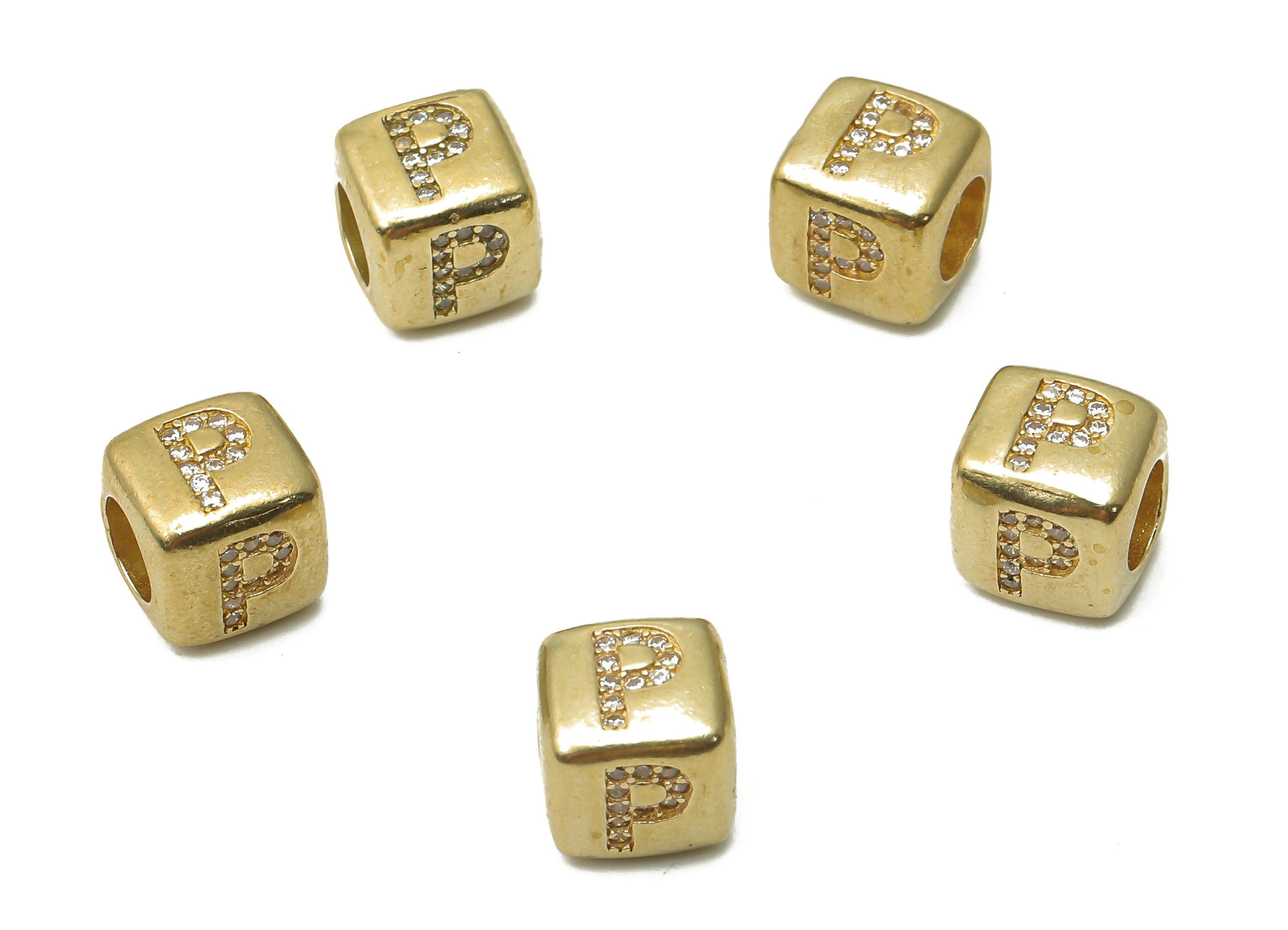 Alphabet Cube Bead P - Brass Initial Letter P - Raw Brass Zircon Letters Beads - Letter P Cube Bead - 8.63x8.63x 8.46mm - PP7804P - DOMEDBAZAAR