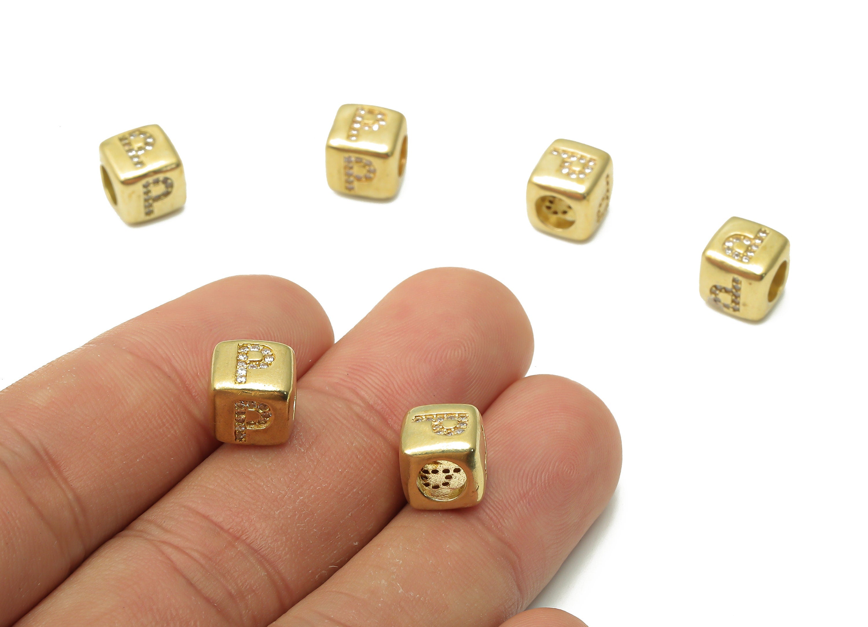 Alphabet Cube Bead P - Brass Initial Letter P - Raw Brass Zircon Letters Beads - Letter P Cube Bead - 8.63x8.63x 8.46mm - PP7804P - DOMEDBAZAAR