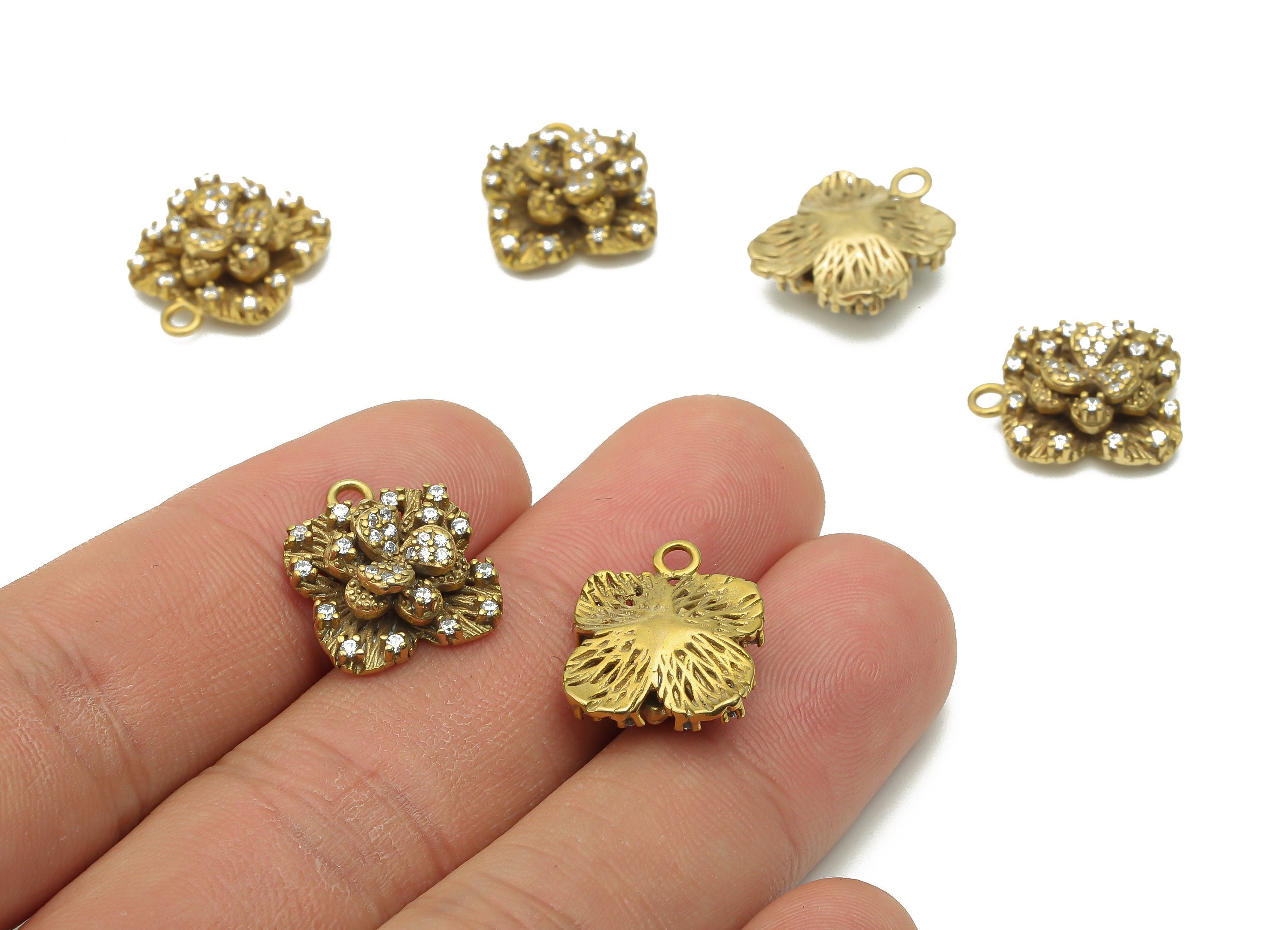 Brass Flower Earrings With Zircon - Raw Brass Lotus Charms - Brass Waterlily Earring Charm - 16.82x13.8x5.47mm - PP7742 - DOMEDBAZAAR
